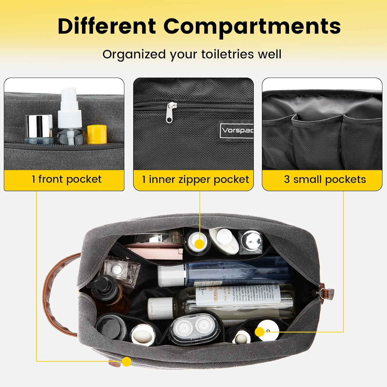 Vorspack Travel Toiletry Bag - Hanging Toiletry Bag for Men Water Resistant Canvas Shaving Bag for Travel, Light Grey, Medium image number 5