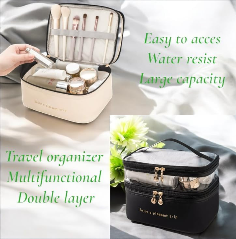 Travel Cosmetics Bag Waterproof Large Capacity - Makeup Toiletry Organiser with Double Zipper, Portable Washable Cosmetic Case for Women Men, Fashion Travel Accessories Storage Pouch (Cream) image number 6