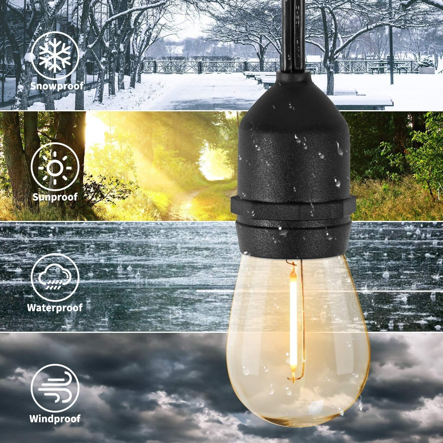 Solar String Lights - 48 Ft S14 LED Outdoor IP65 Commercial Grade Heavy Duty Festoon String Light 15 Hanging Sockets with 15 S14 2W LED Glass Bulb Warm White for Party Patio Garden