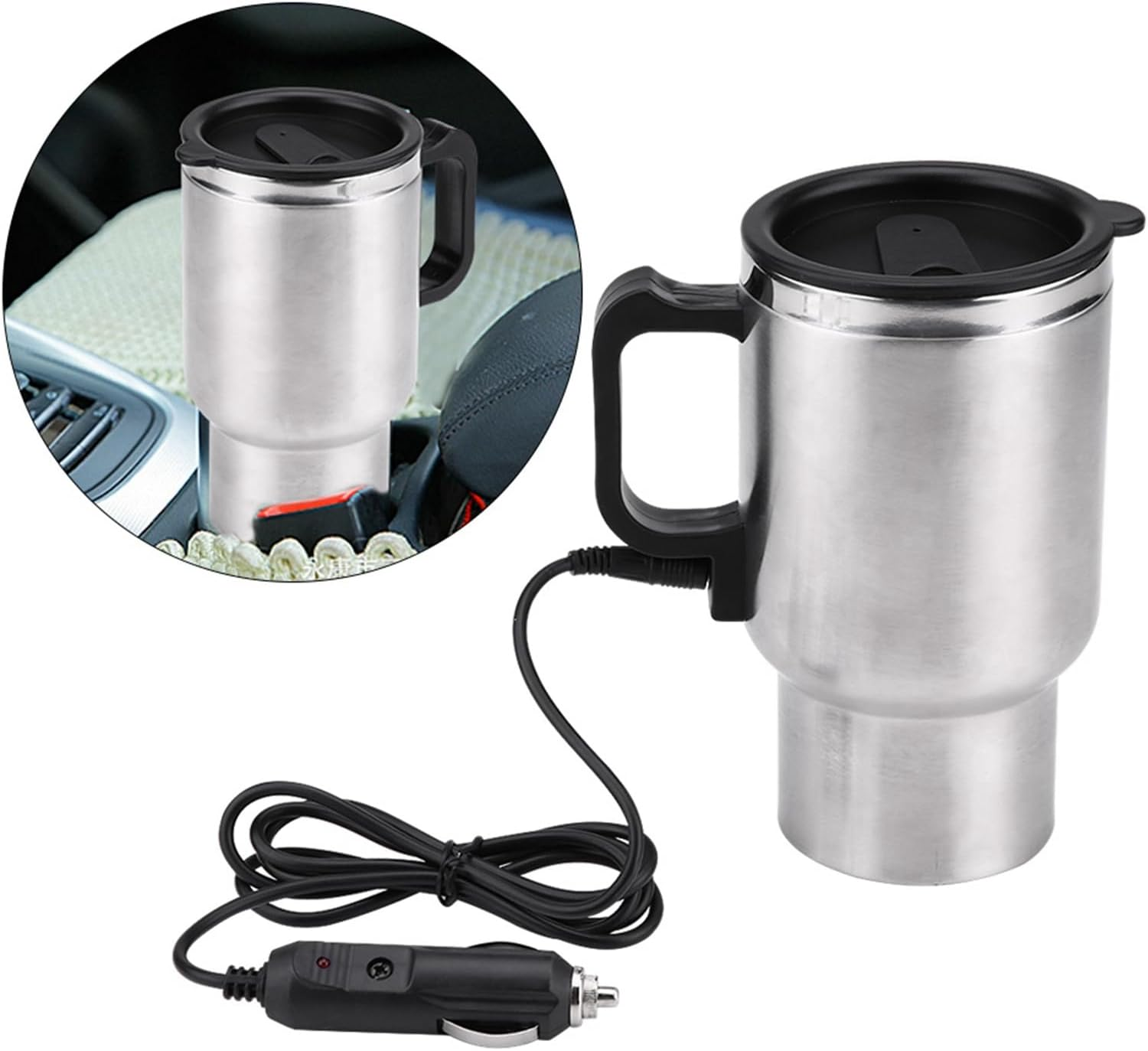 12V Electric Incar Stainless Steel Travel Heating Cup, 450Ml, Vacuum Insulation Technology, Food Grade Material, Indicator Light, Sealed Kettle Cover, Fits Most Car Cup Holders image number 6