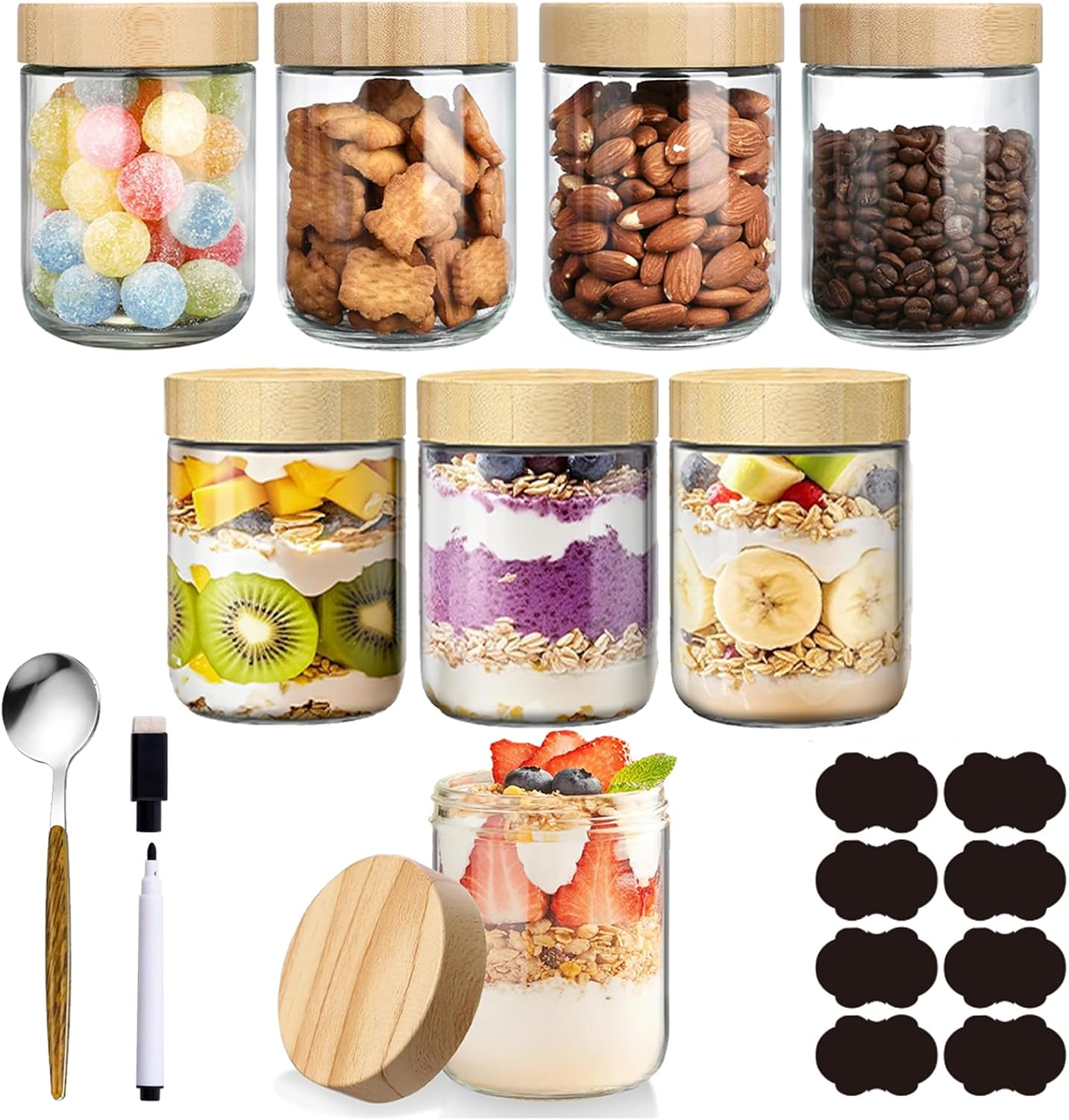 8 Pack 480Ml Glass Jars with Bamboo Lids and Spoon Pen Sticker Set, over Night Oats Glass Food Storage Containers Salad Jars for Food, Yogurt, Sugar and Flour, Coffee Bean, Cookie, Cereal image number 4