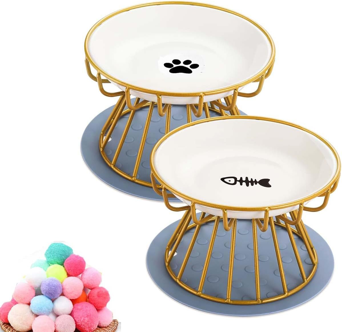 2-Piece Cat Bowls Black Raised Pet Bowl Prevent Neck Pain Feeding Wide Cat Bowl anti Vomiting Cat Feeding Plates with Non-Slip Mat (Green)