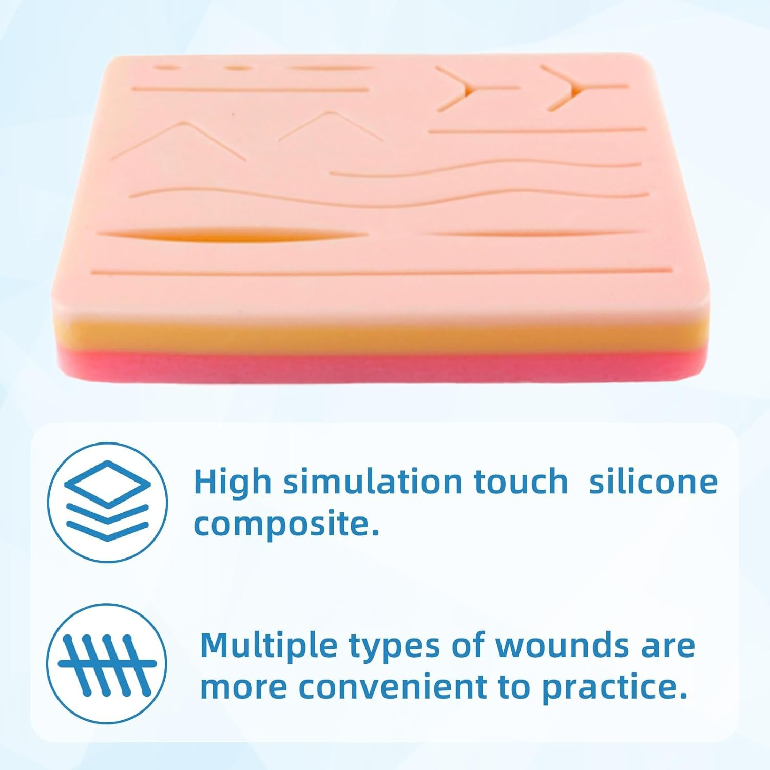Practice Suture Pad, Realistic Three Layer Silicone Skin Kit with 14 Pre-Cut Wounds for Medical and Veterinary Students Training image number 1