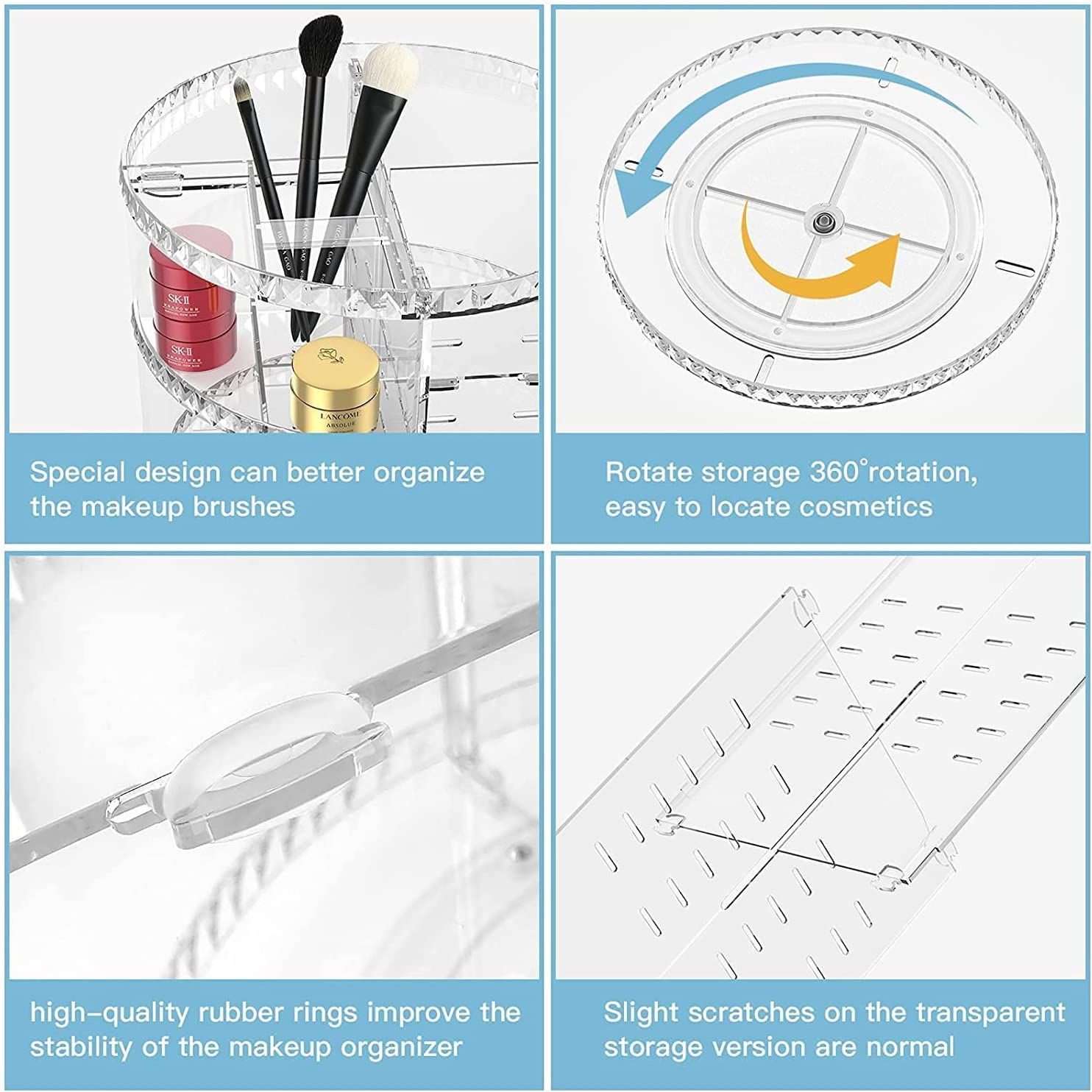 Makeup Organizer 360 Degree Rotating, Adjustable Makeup Display Case, Large Capacity, Fits Jewelry, Makeup Brushes, Lipsticks and More, Perfect Makeup Organizer on the Dresser (Clear)