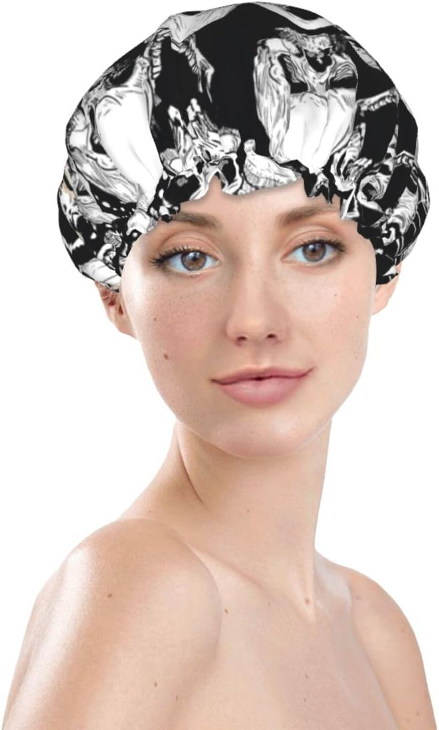 Wurton Skull Background Print Reusable Enviro-Care Shower Cap Soft for Women Double Waterproof Layers Showe Cap image number 2