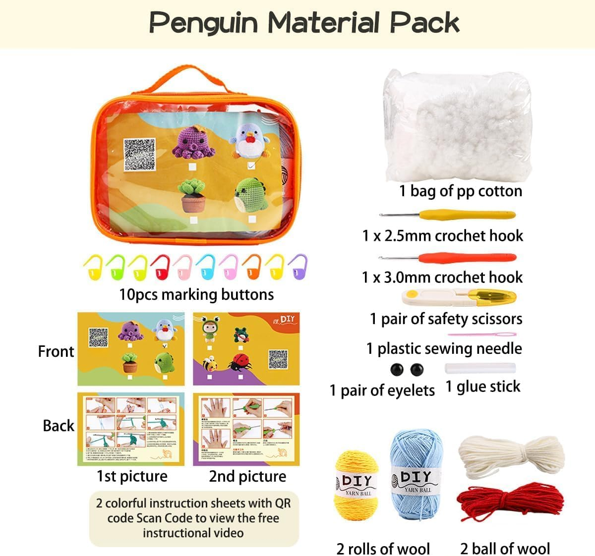 Cute Animal Pattern Crochet Starter Kit for Beginners - Complete Set for Adults and Kids - DIY Penguin Project image number 6
