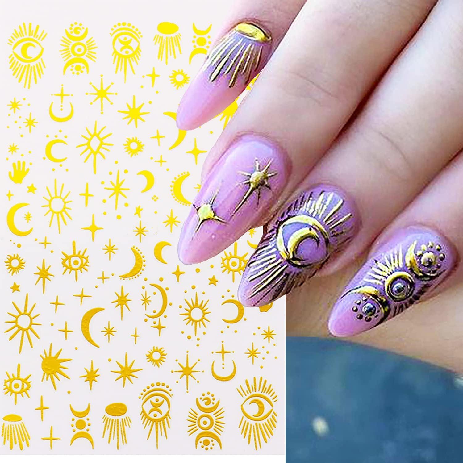 6 Sheets Gold Nail Art Adhesive Sticker 3D Self-Adhesive Nail Decals Art Design Holographic Moon Sun Stars Nail Art Sticker Decoration for Women Manicure Tips Acrylic Nails DIY Nails Art Supplies image number 4