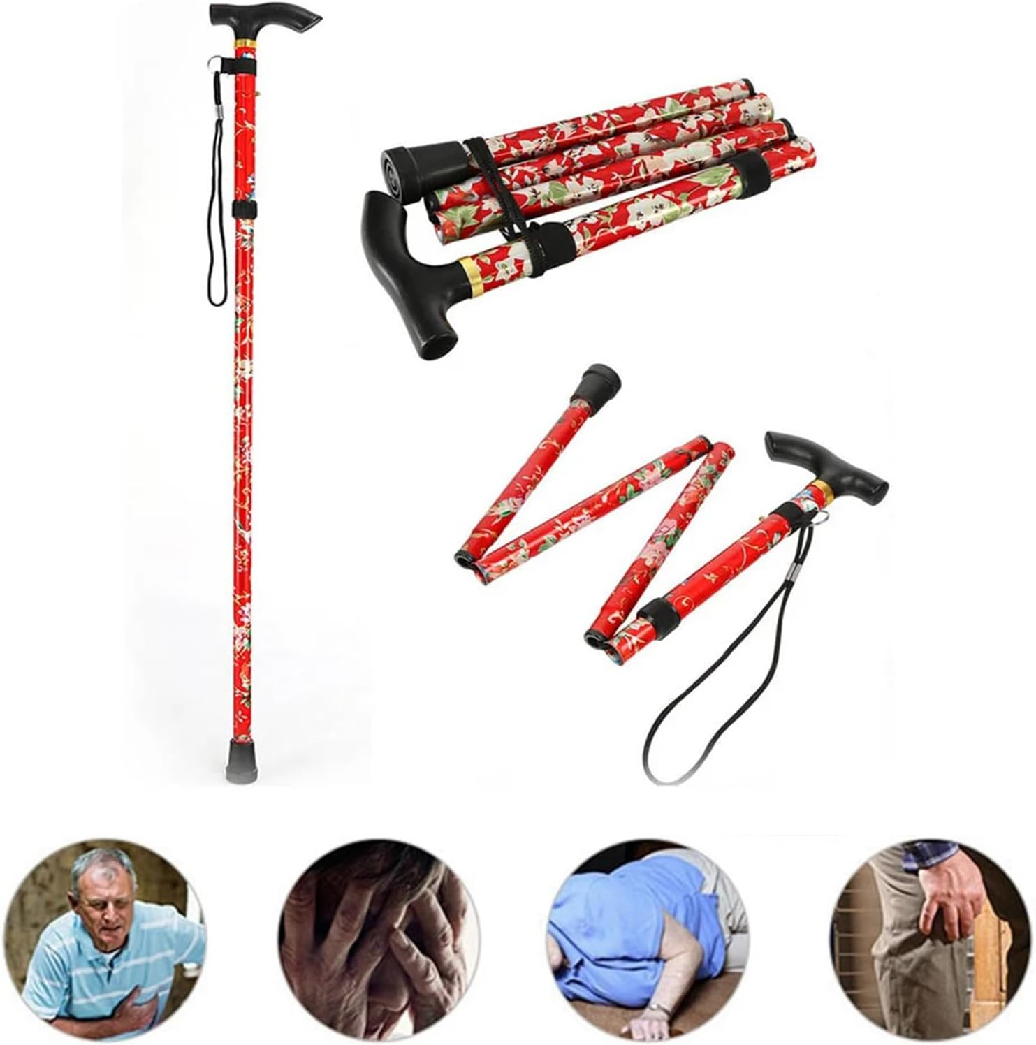 Folding Cane, Portable Cane, Hiking Camping Mountaineering Adjustable Walking Stick, Suitable for Outdoor Mountaineering Enthusiasts and Elderly People with Limited Mobility (Red) image number 1