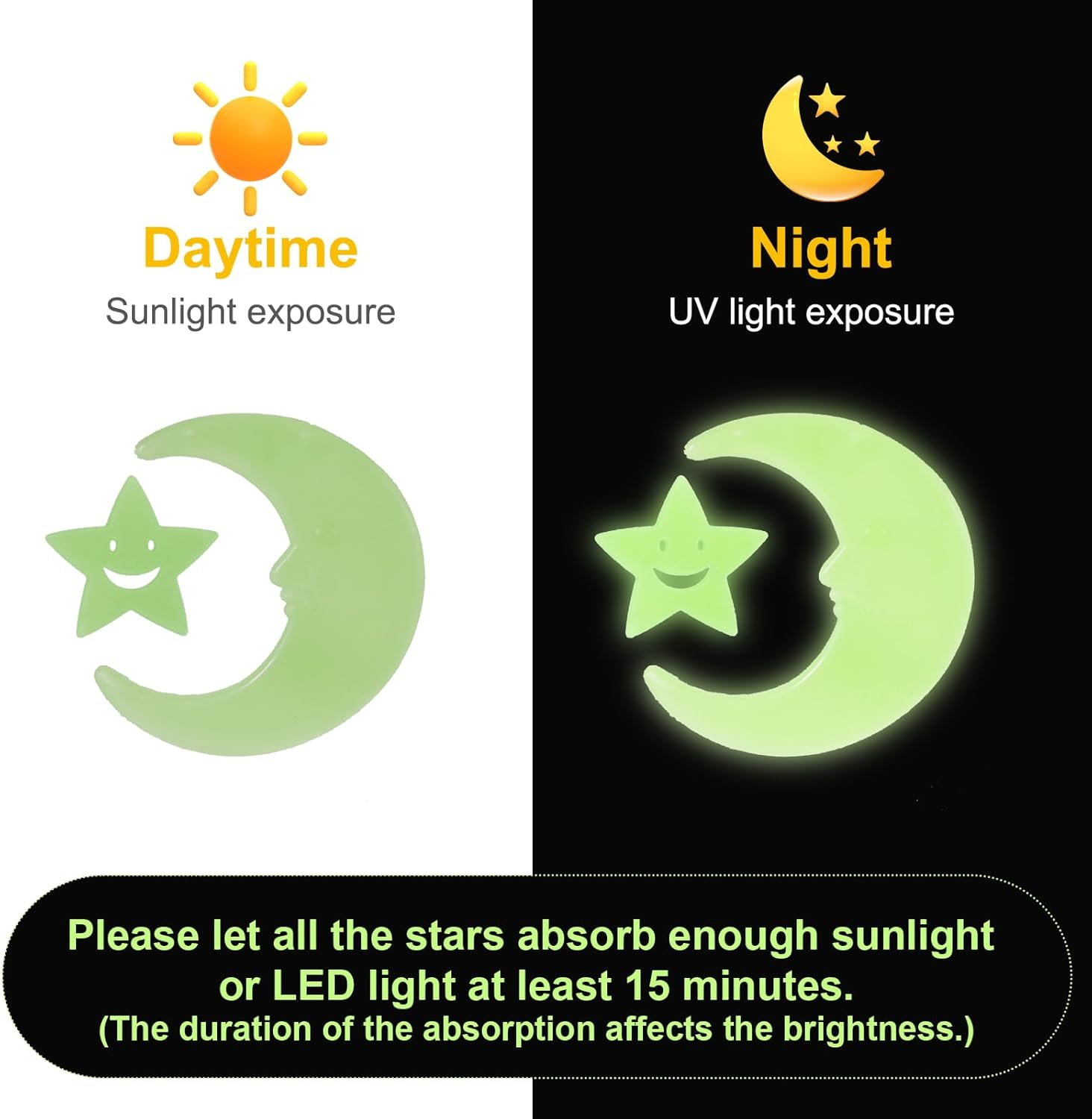 102 Pcs Glow in the Dark Star Stickers, Fluorescent Green 100 Stars 1 Moon 1 Smiling Star with Adhesive Tape, Ceiling & Wall Decals Decor for Kids Boys Nursery Bedroom Living Room image number 6