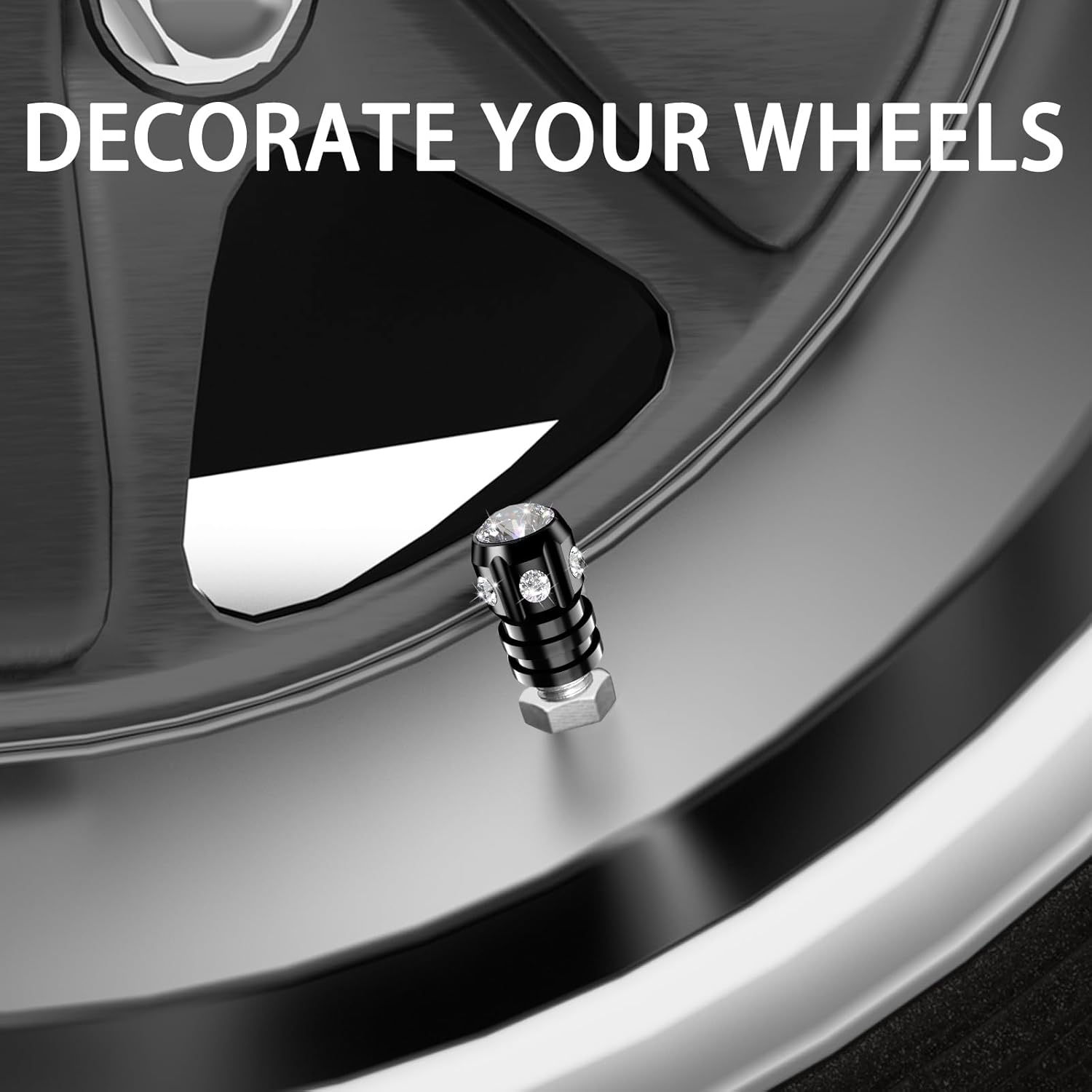 QUARKACE Tire Valve Caps, Bling Valve Stem Caps with Sparkly Rhinestones, Tire Caps 4 Pack for Cars Suvs Trucks Motorcycles Bikes, Anti-Fading Coating, Corrosion Resistant, Air Leakproof - Black image number 2