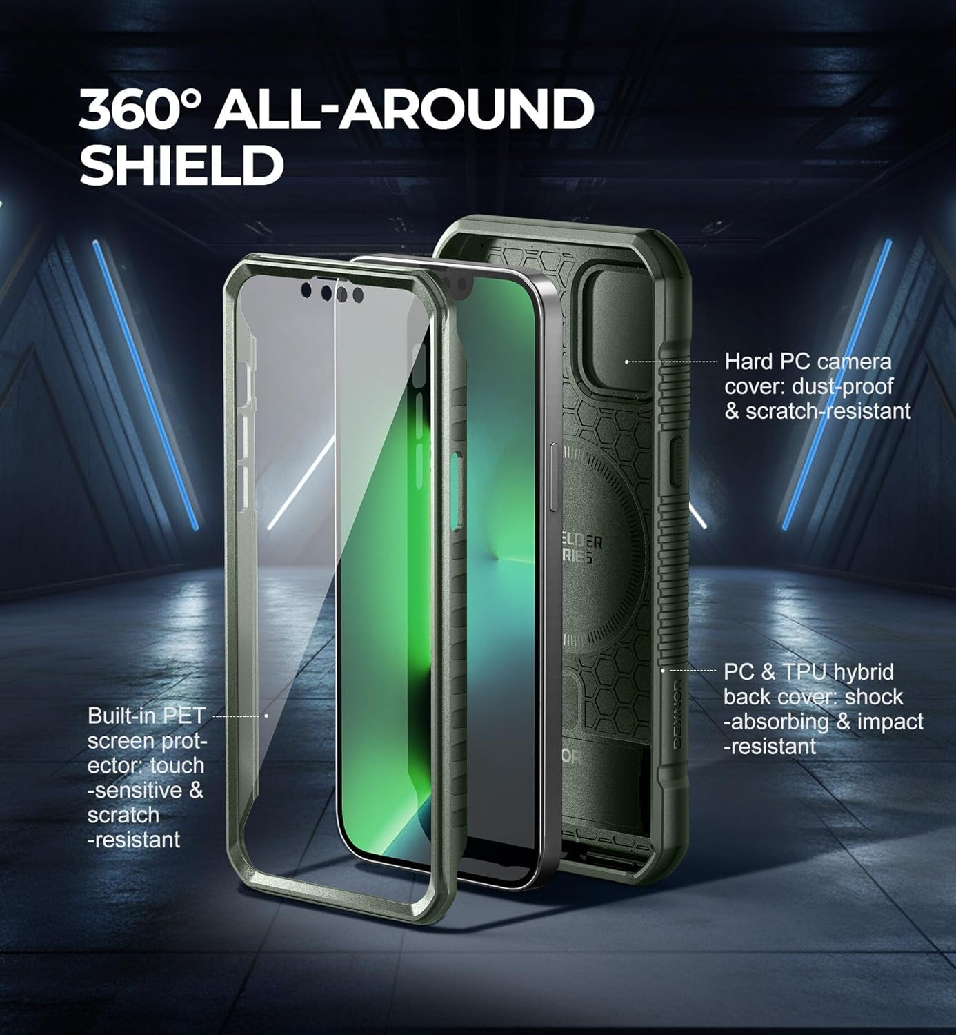 Dexnor Magnetic Bumper Case for Iphone 13 Pro Max,Heavy-Duty Shockproof Full-Body Rugged Protective Cover with Kickstand & Camera Cover & Screen Protector - Army Green image number 5