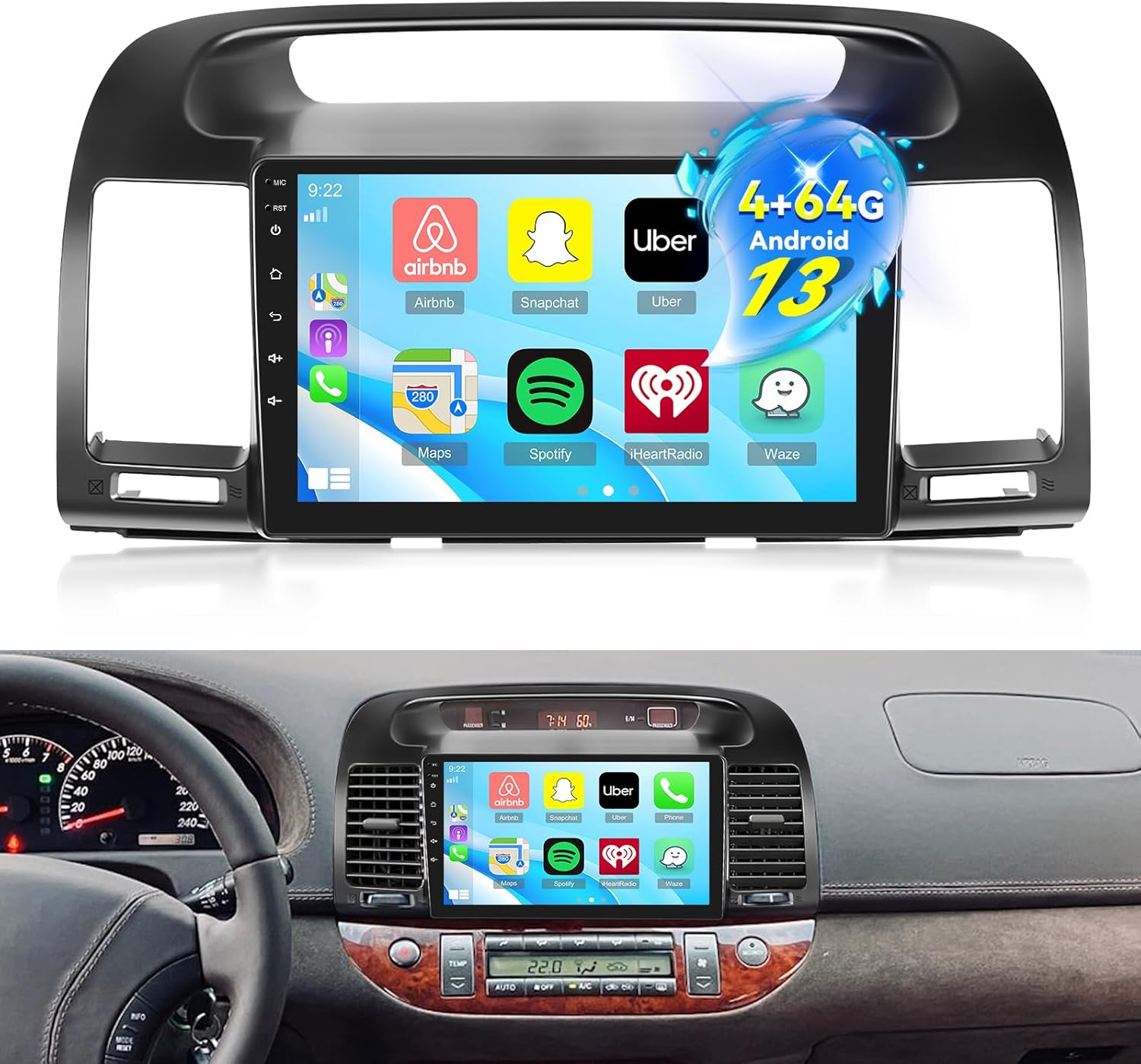 [4G+64G] for Toyota Camry Radio 2000 2001 2002 2003 2004 2005 2006, 9 Inch Android Touchscreen Camry Car Stereo, 32 EQ Audio/1280 * 720 Screen/Carplay/Android Auto/Swc/Bluetooth/Wifi