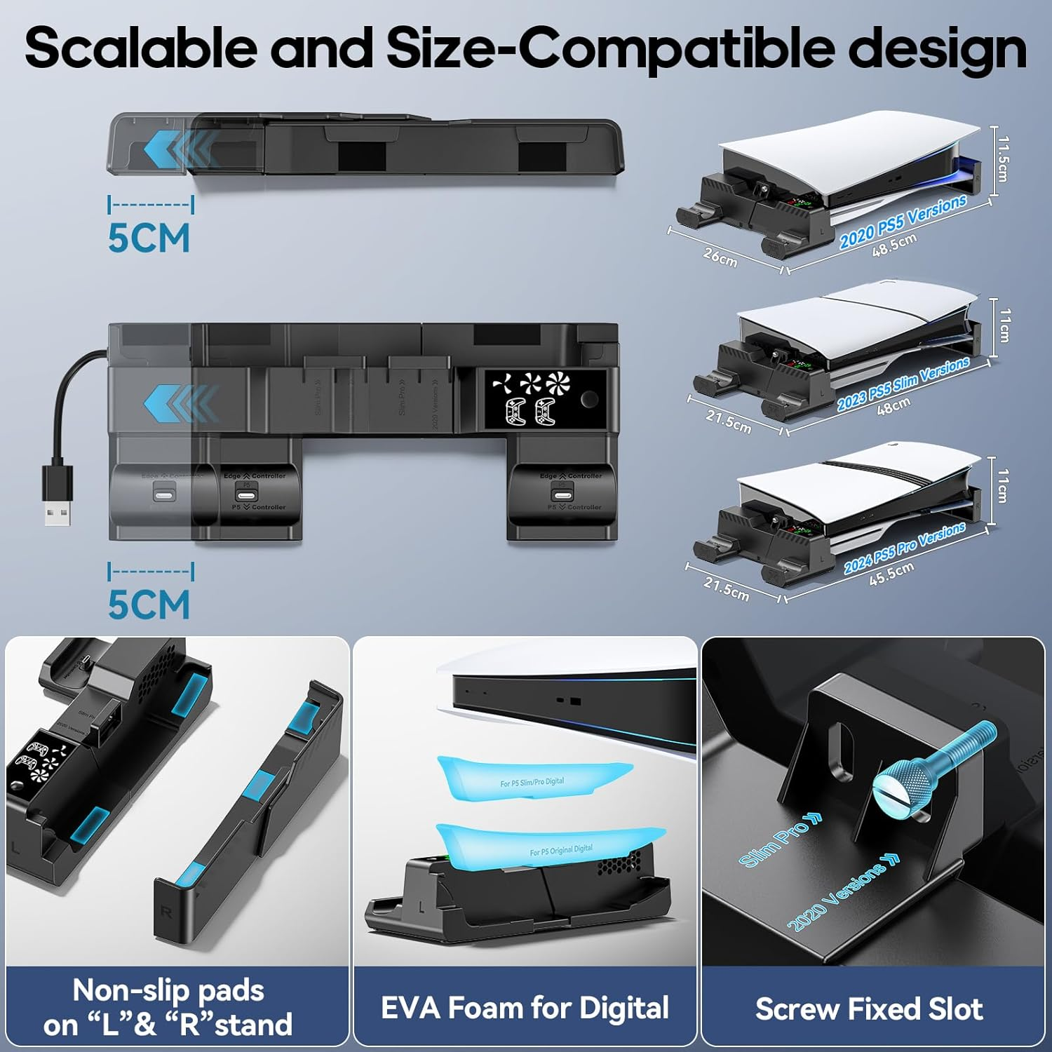 Gersker PS5 Horizontal Stand with Cooling Fan & PS5 Controller Charger for Original/Slim/Pro Disc & Digital Console, PS5 Cooling Stand with Scalable Design & EVA Foams, PS5 Accessories (Black) image number 3