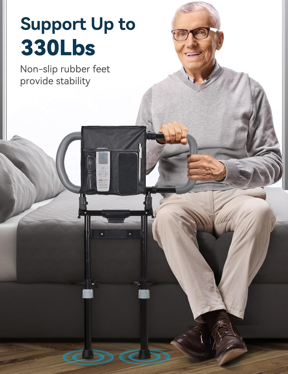 Lyrifine Bed Rail, Foldable Bed Rail for Elderly with Storage Pocket, Extendable Handle, Height Adjustable Bed Rails with Floor Support, Easy to Get in or Out of Bed