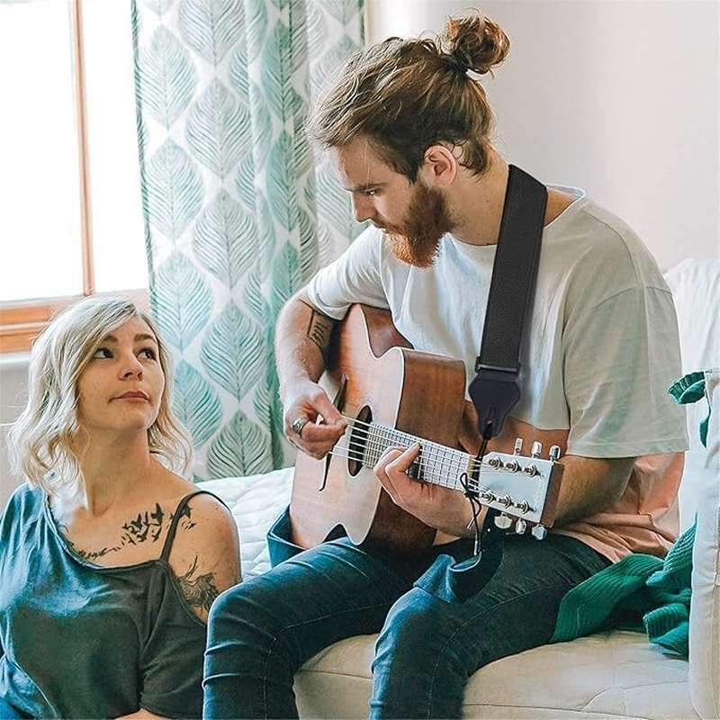 ROTOPATA Guitar Strap with Pick Holders, 2 Buttons 2 Locks 3 Guitar Picks, Cotton Strap with Leather Ends, Length Adjustable