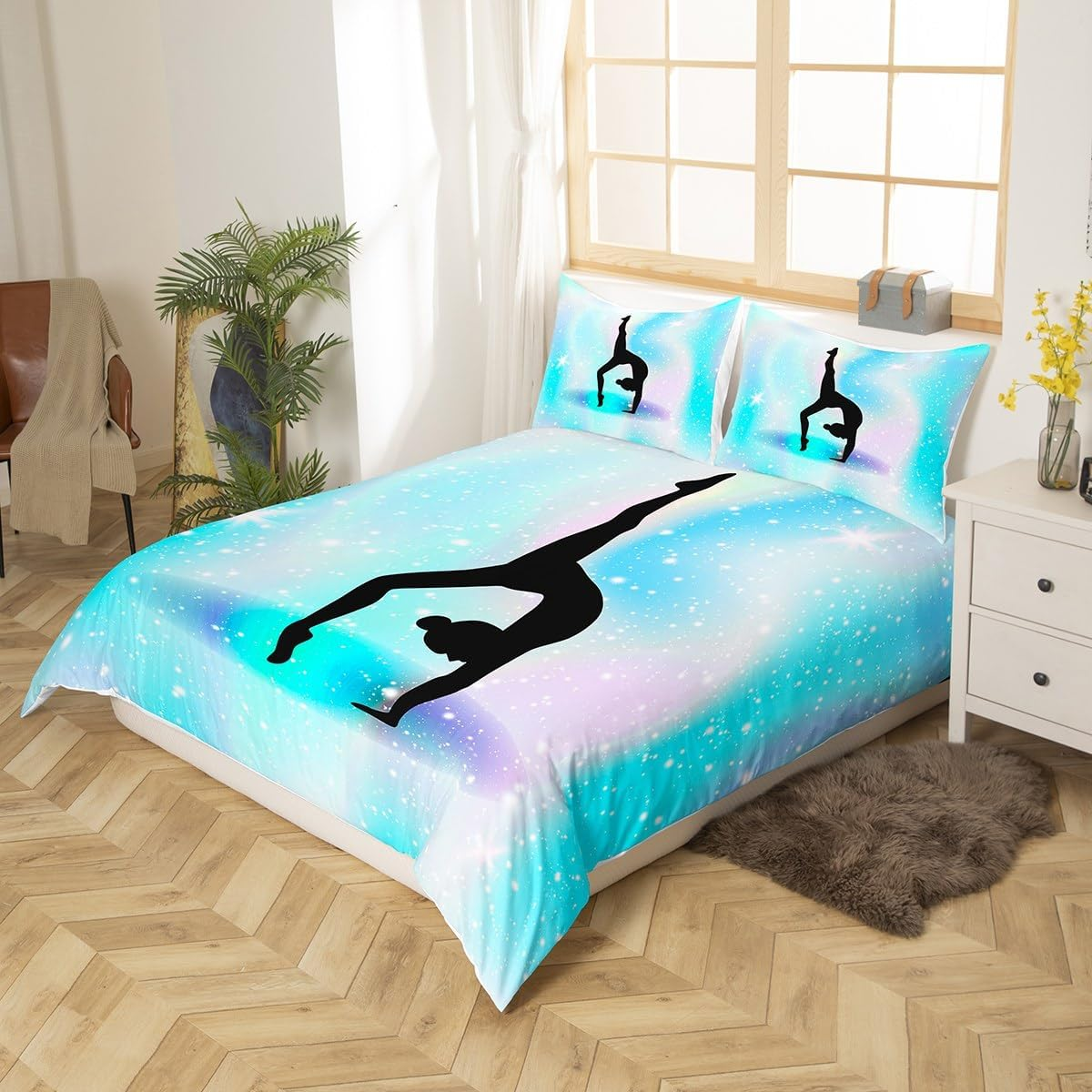 Homewish Gymnastics Duvet Cover 135 X 200 Cm Children, Gymnastics Lovers Bedding Set for Girls Teenagers, Space Stars Glitter Duvet Cover Set with Starry Sky Rainbow Decor 3D Pattern Teal - Purple, Blue, Yellow, Pink image number 6