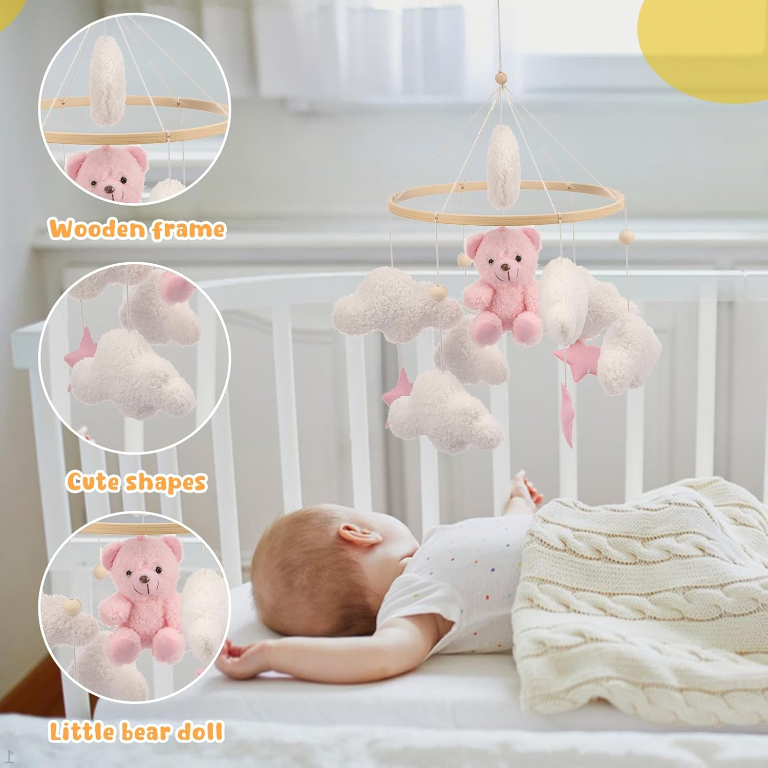 Baby Crib Mobile, Soft Plush and Wood Nursery Mobile, Infant Bedroom Hanging Nursery Decor for Newborn Boy Girl (Pink)