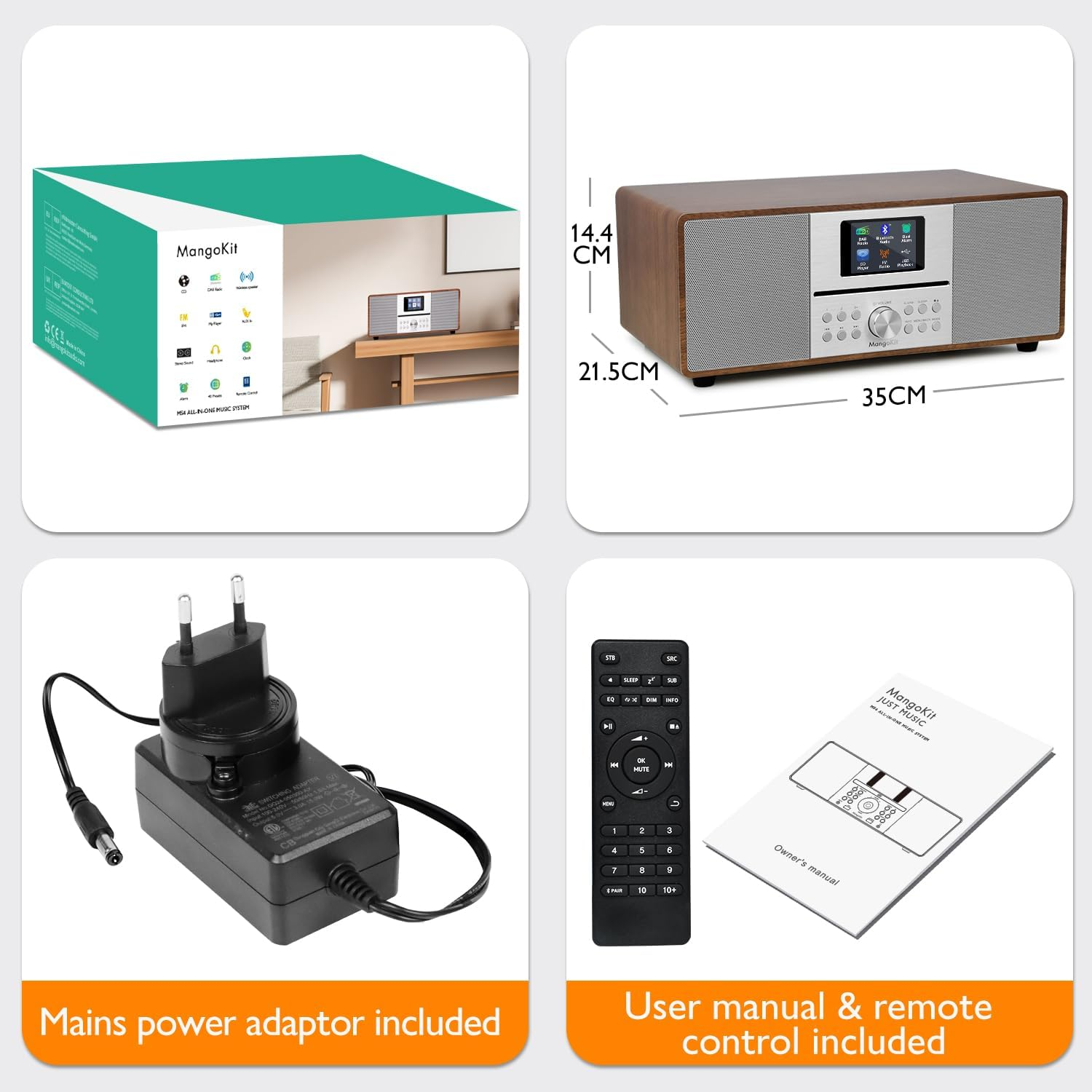 Mangokit MS4 CD Player DAB Radio Hifi System I Bluetooth I Powerful Stereo System I Digital Radio Dab+Iacoustic Wood Cabinet I CD Player with Speakers 100W I 40 Presets,Headphone Jack I Walnut Finish image number 2