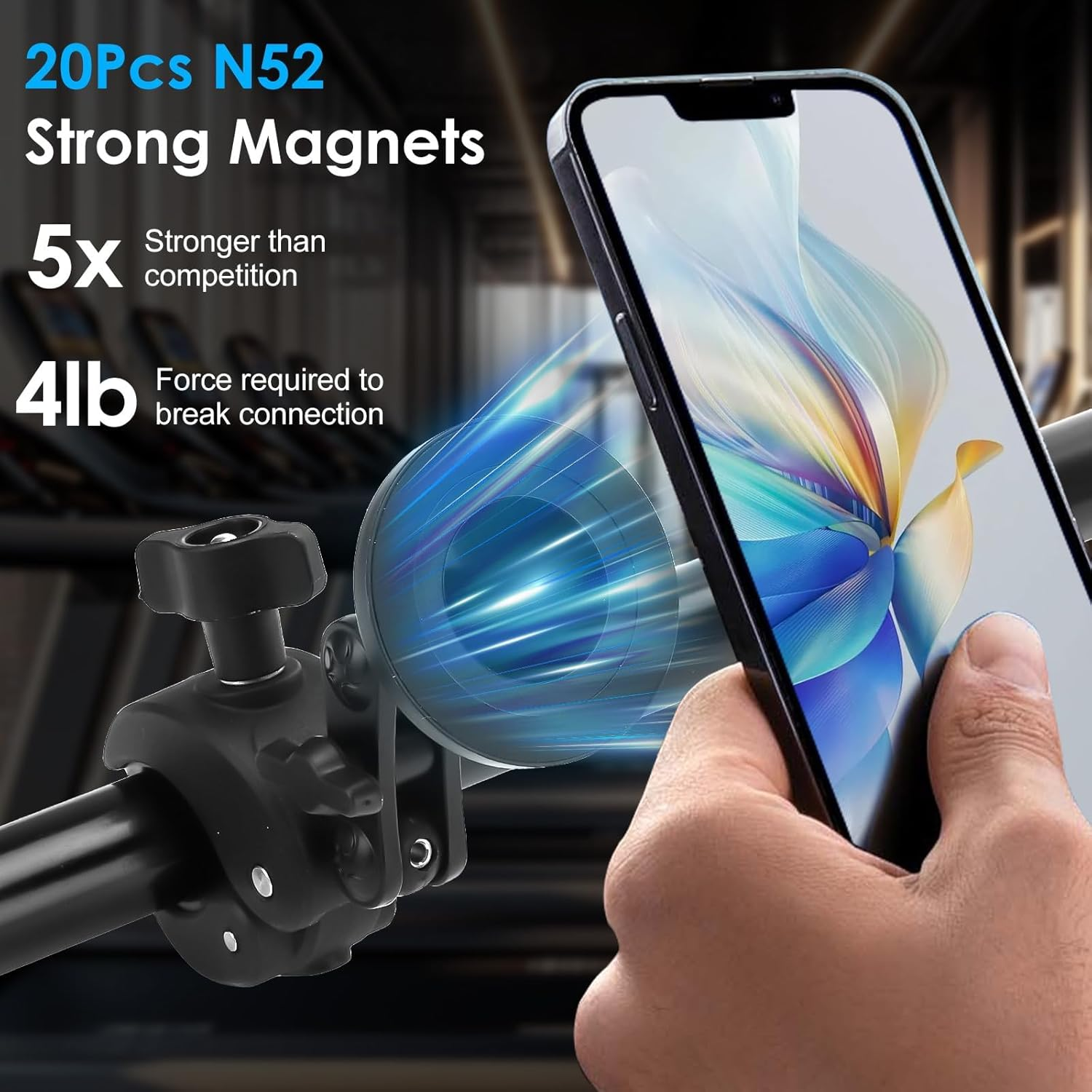 Eeekit Magnetic Bike Phone Holder, Magnet Motorcycle Handlebar Phone Mount for Magsafe and All Smartphones, for Stationary Exercise Bike Treadmill Gym Fitness Equipment