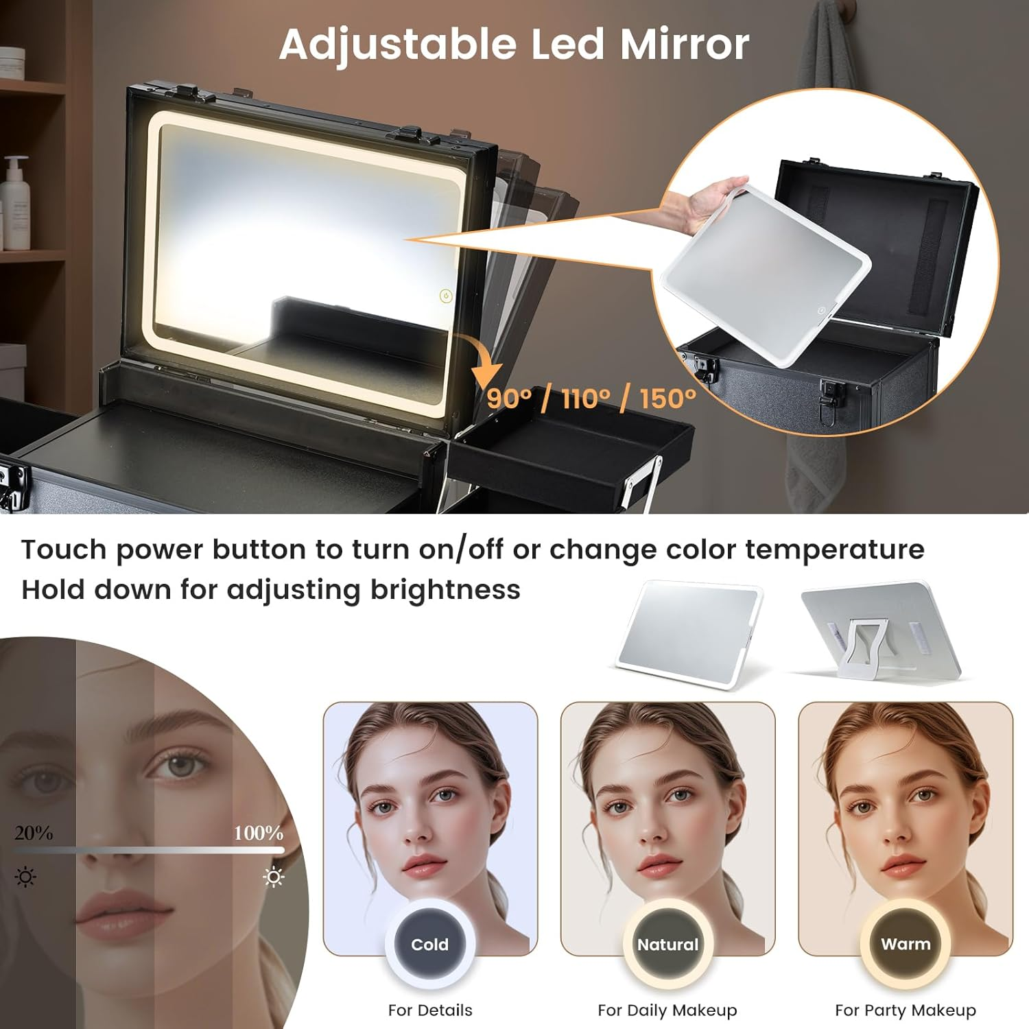 Rolling Makeup Case with LED Mirror, Cosmetology Case on Wheels with Lighted Mirror, Professional Salon Trolley Cart with 3 Drawers,Travel Makeup Lockable Beauty Organizer with Live Stream Light image number 2