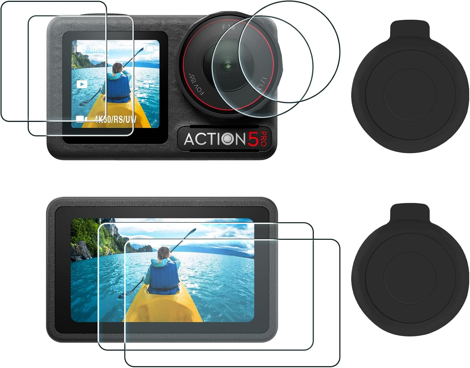 AMAZEAR Lens Screen Protector for DJI Osmo Action 5 Pro Accessories (2Sets-8Pack), Action5 Pro Tempered Glass Screen Protector with Silicone Lens Cap, 9H, HD, Scratch Resistant, Bubble-Free image number 3