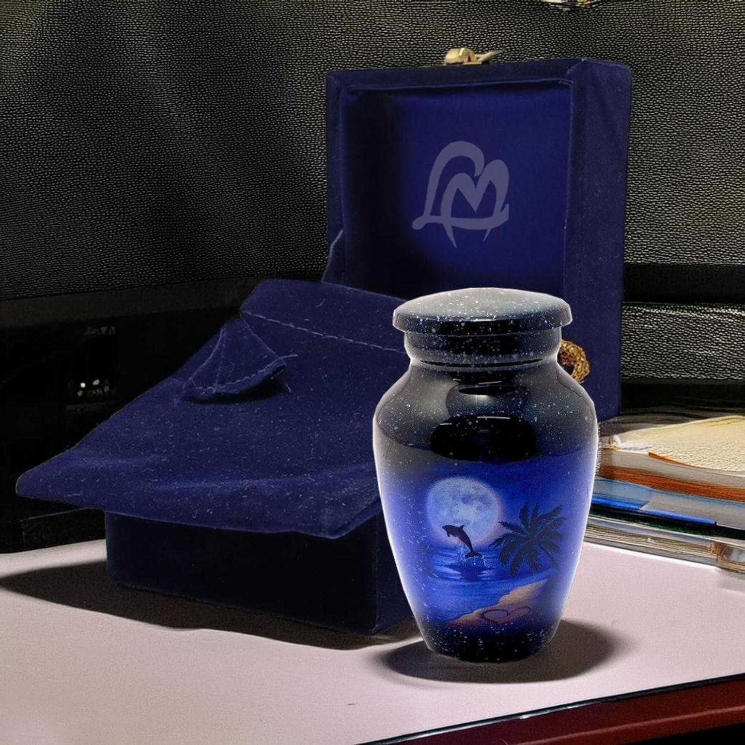 Keepsake Urn - Moon Dolphin with Moon Keepsake Cremation Urn for Human Ashes, Black Blue Aluminium, 3 Cu.In image number 3