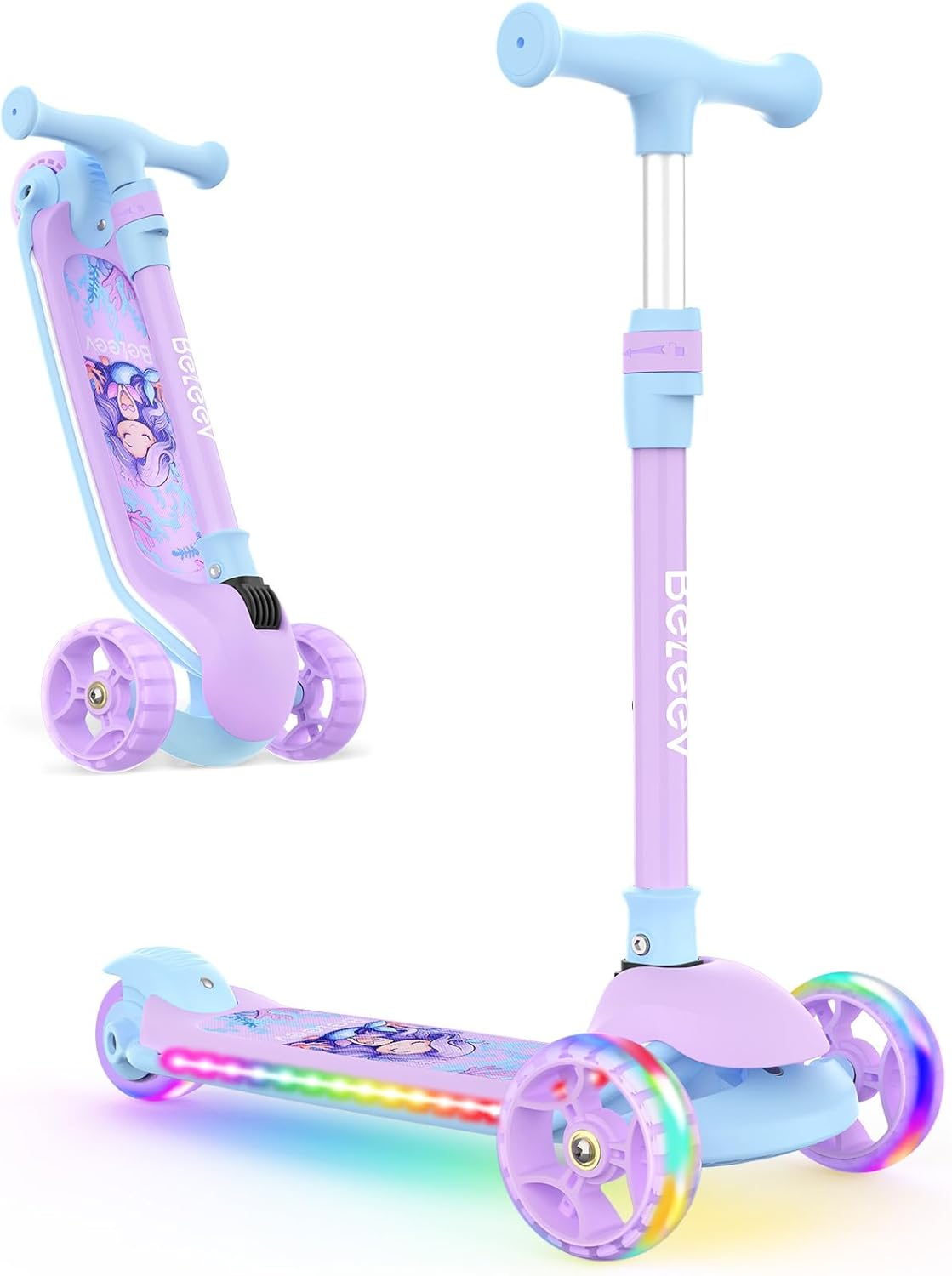 BELEEV A9 Scooters for Kids with Light-Up Wheels & Deck, 3 Wheel Folding Scooter for Girls Boys Ages 3-12, 4 Adjustable Height, Non-Slip Pattern Deck, Kick Scooter Gifts for Children