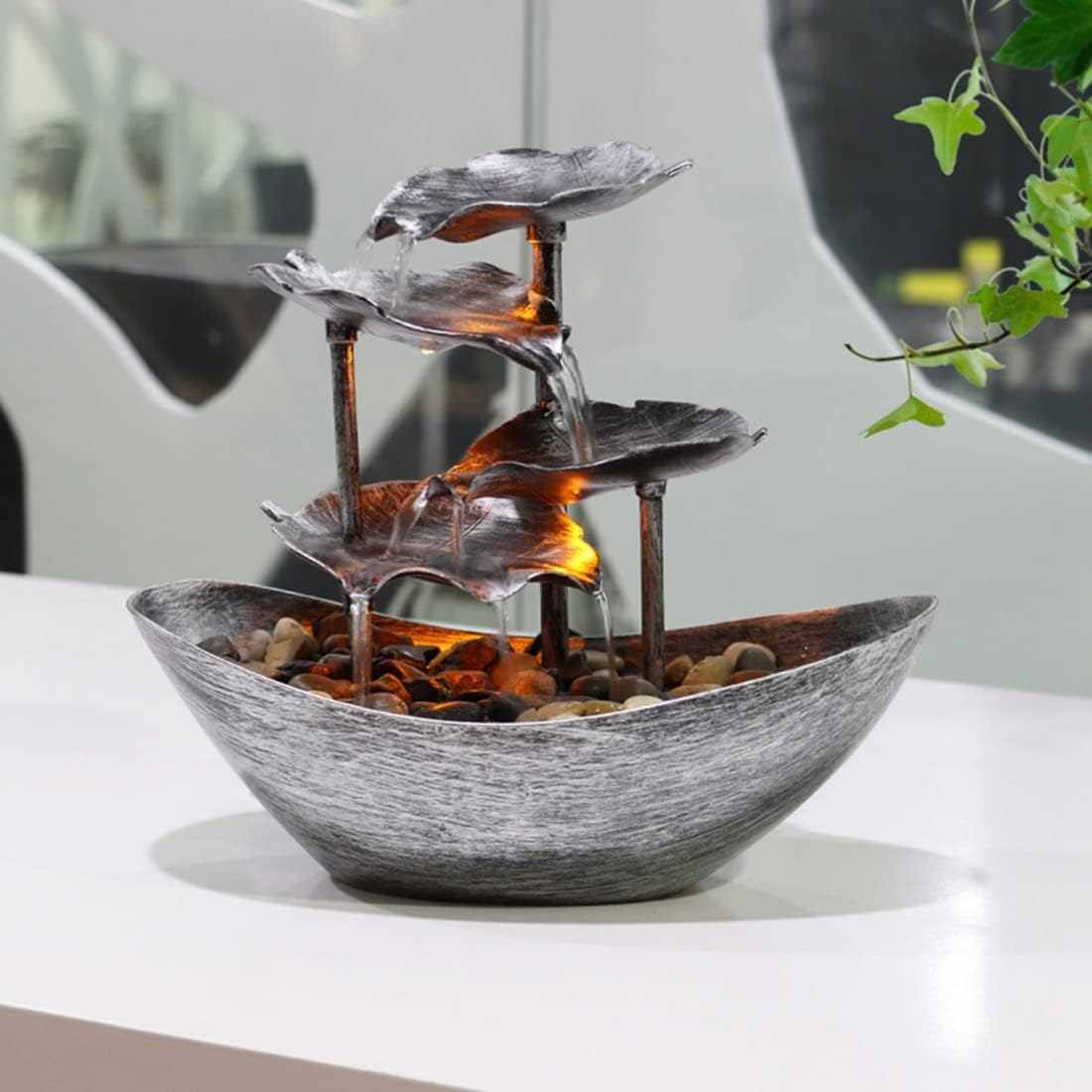 Water Feature Indoor Waterfall Water Feature Indoor Relaxation Indoor Waterfall Fountain Tabletop Water Fountain LED Light Office Room Desktop Decoration image number 4