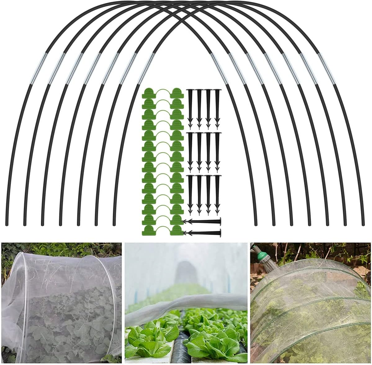 Greenhouse Hoops Grow Tunnel Garden Hoops Kit with Spikes and Clips Detachable Fiberglass Grow Tunnel Frame Greenhouse Tunnel for Winter Frost Protection Raised Bed Garden (21Pcs)