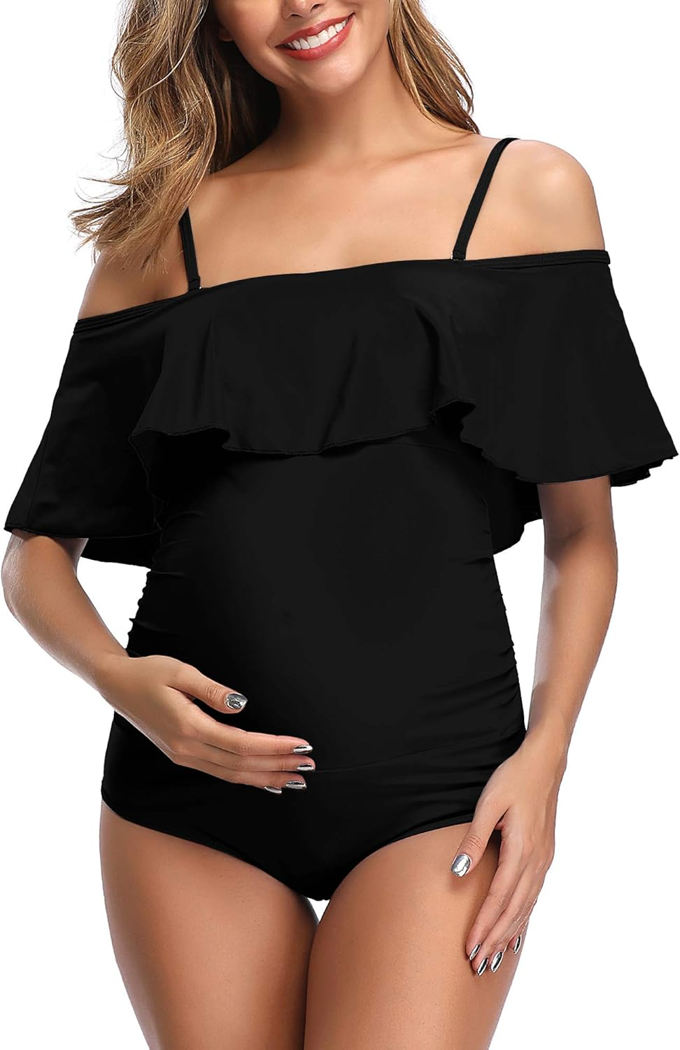 Summer Mae Women'S Maternity Tummy Control Swimsuit Ribbed One Piece Bathing Suit Button Neck Swimwear image number 5