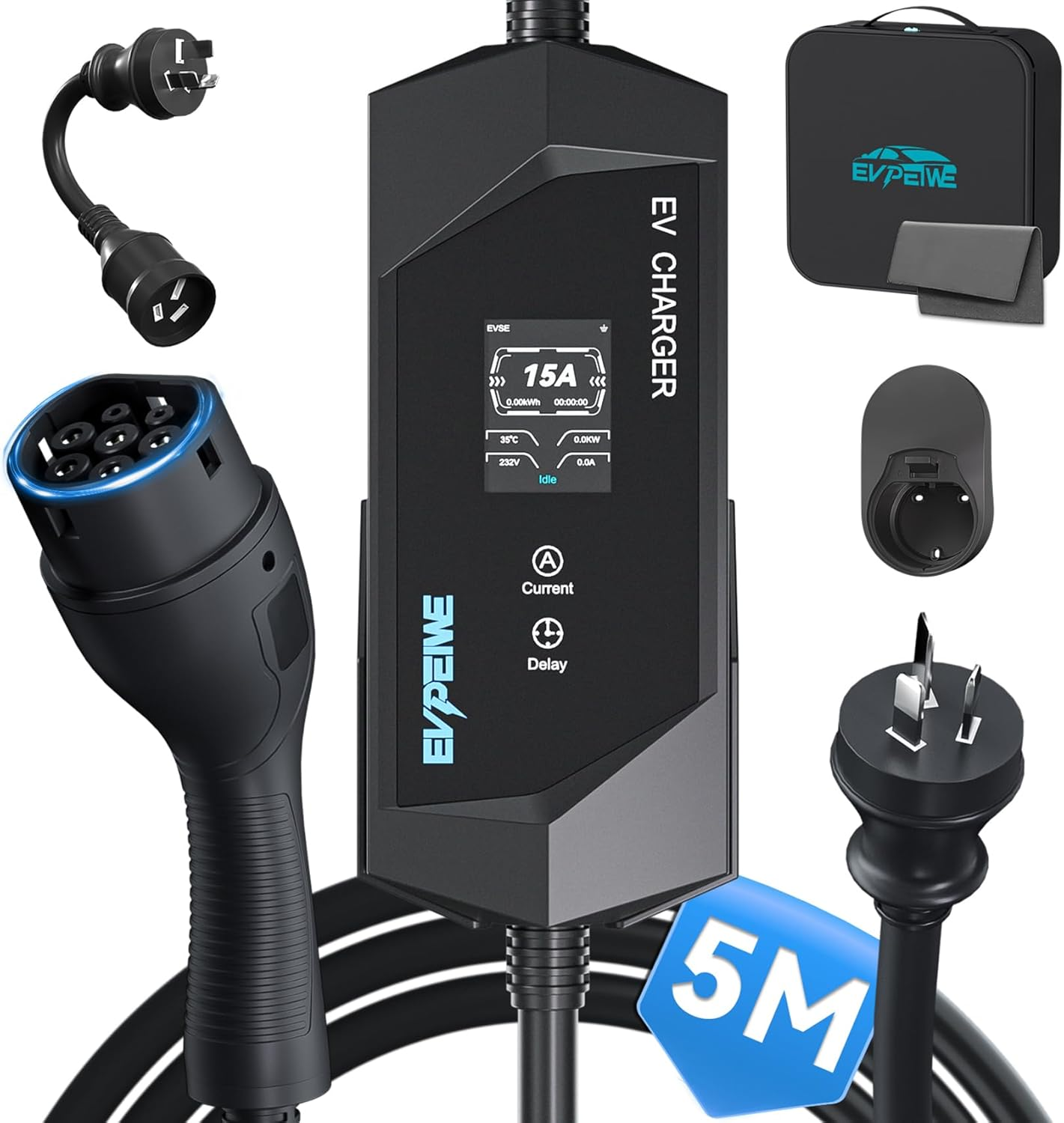 EVPEIWE Type 2 EV Charger 10A/15A EV Charging Cable with Australian 15A Plug/10A Adapter Adjustable Current Portable Type 2 Charger for Tesla BYD MG All IEC-62196 Evs, Black/5M image number 5