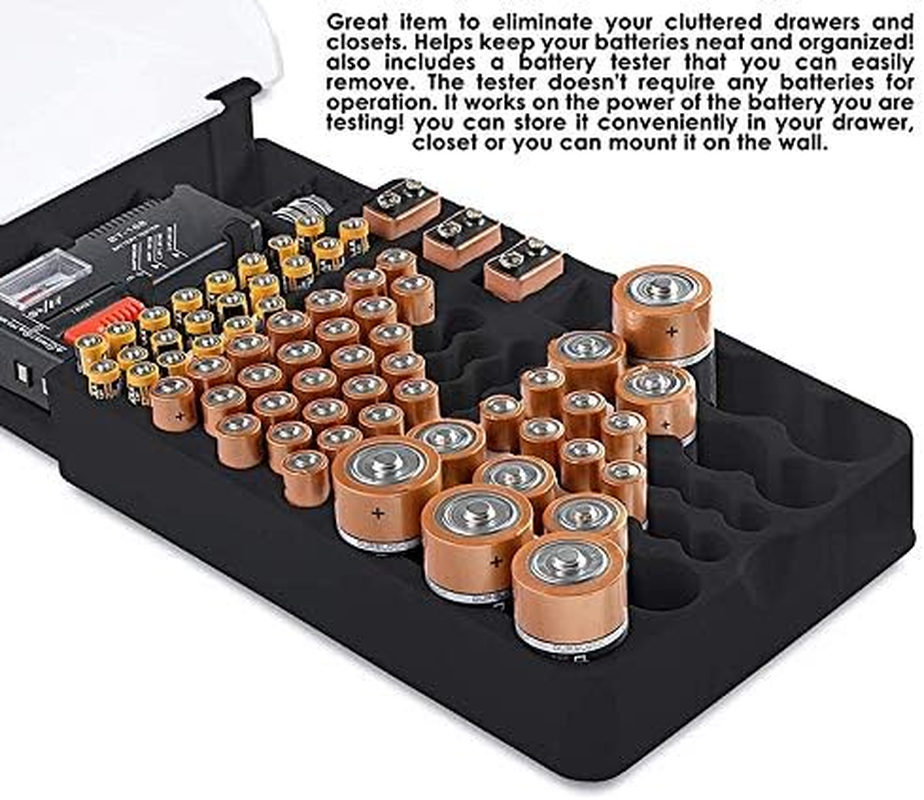 Tuperoymse the Battery Storage Case,Organizer with Hinged Clear Cover, with Battery Tester, Holds 93 Batteries Various Sizes, Black image number 5