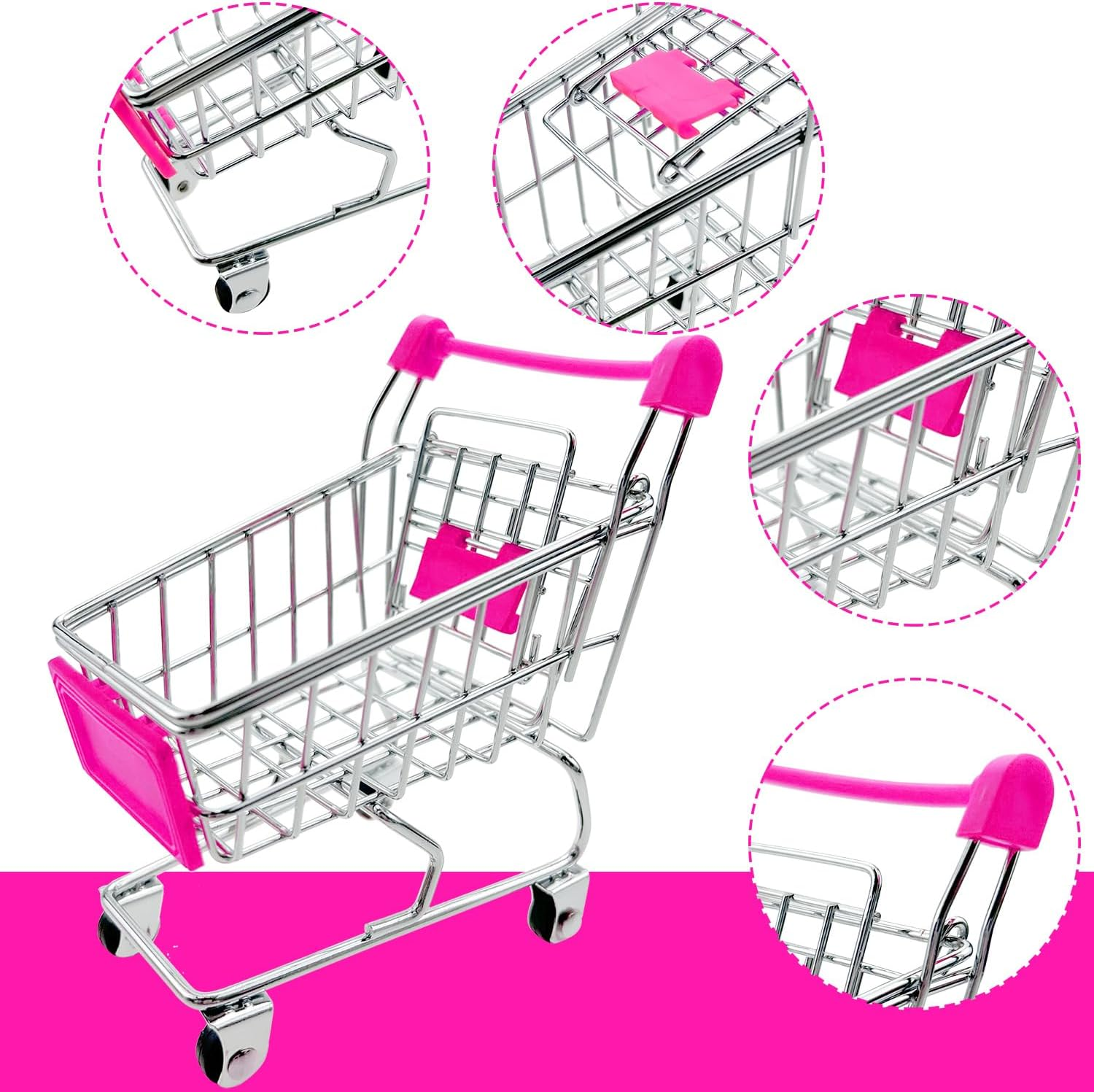 2 PCS Mini Shopping Cart, Trolley, Grocery Basket for Desktop Decor, Make up Holder Rack Storage (Yellow+Pink) image number 3