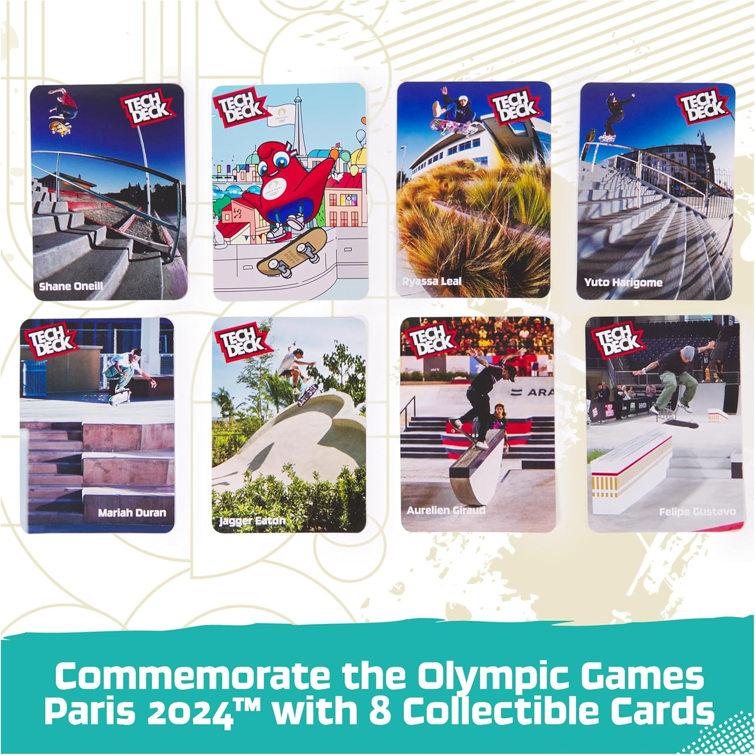 Tech Deck, Competition Legends 8-Pack Fingerboards with Collectible Cards, Olympic Games Paris 2024, Customizable Mini Skateboards, Kids Toys for Ages 6 and Up