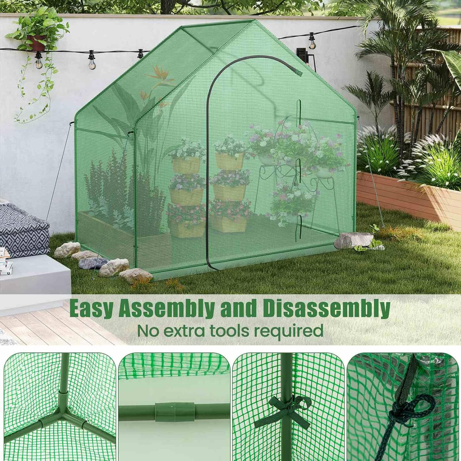 Costway 1.79 X 1 X 1.67M Mini Walk-In Greenhouse, Portable Outdoor Warm House for Winter W/ PE Cover, Rustproof Pe-Coated Metal Frame, Roll-Up Zippered Door, Window, Garden Yard Hot House Tent image number 6