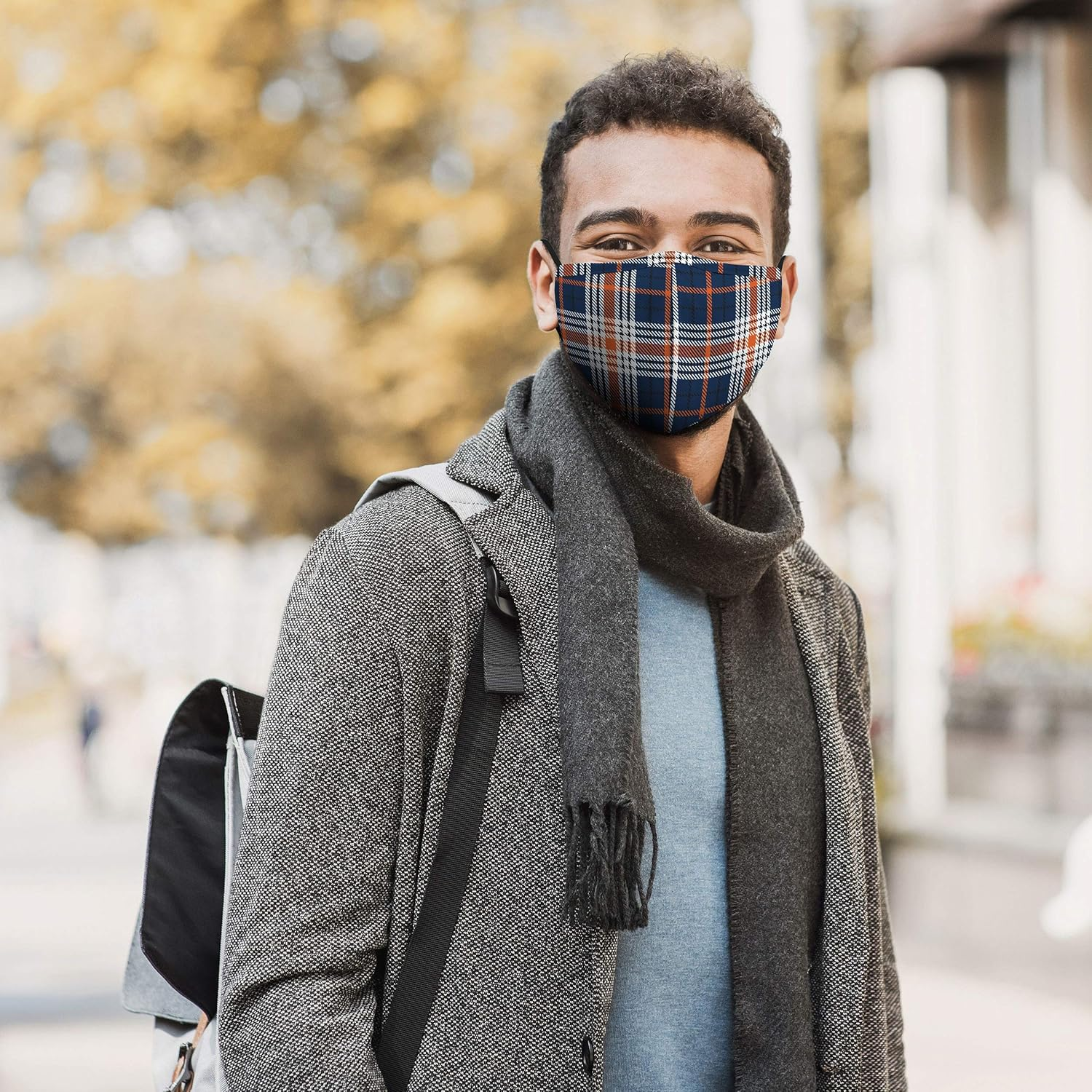 Weddingstar Washable Cloth Face Mask Reusable and Adjustable Protective Fabric Face Cover W/Dust Filter Pocket - Navy Plaid image number 5