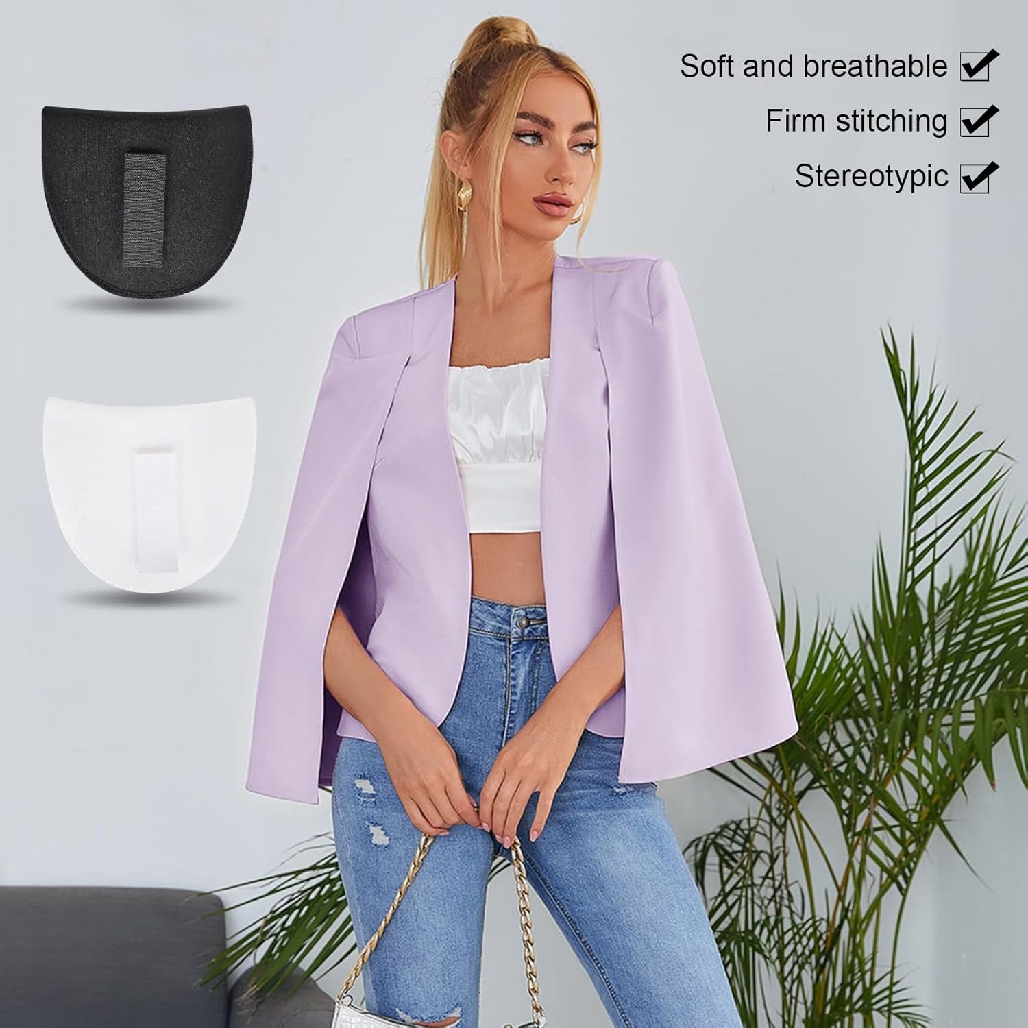 Shoulder Pads 2 Pairs Set in Shoulder Pads, 1.5Cm Thick, Sponge Shoulder Pads, Removable Shoulder Pads, Breathable, for Women & Men (Black & White) image number 6