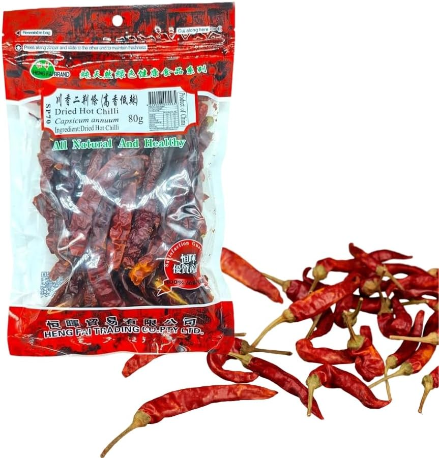 Heng Fai Dried Hot Chilli | Premium Whole Red Chillies for Authentic Asian Cooking | Bold Flavour and Intense Heat | Perfect for Stir-Fries, Soups, Sauces, and Spice Blends | No Additives | 80G