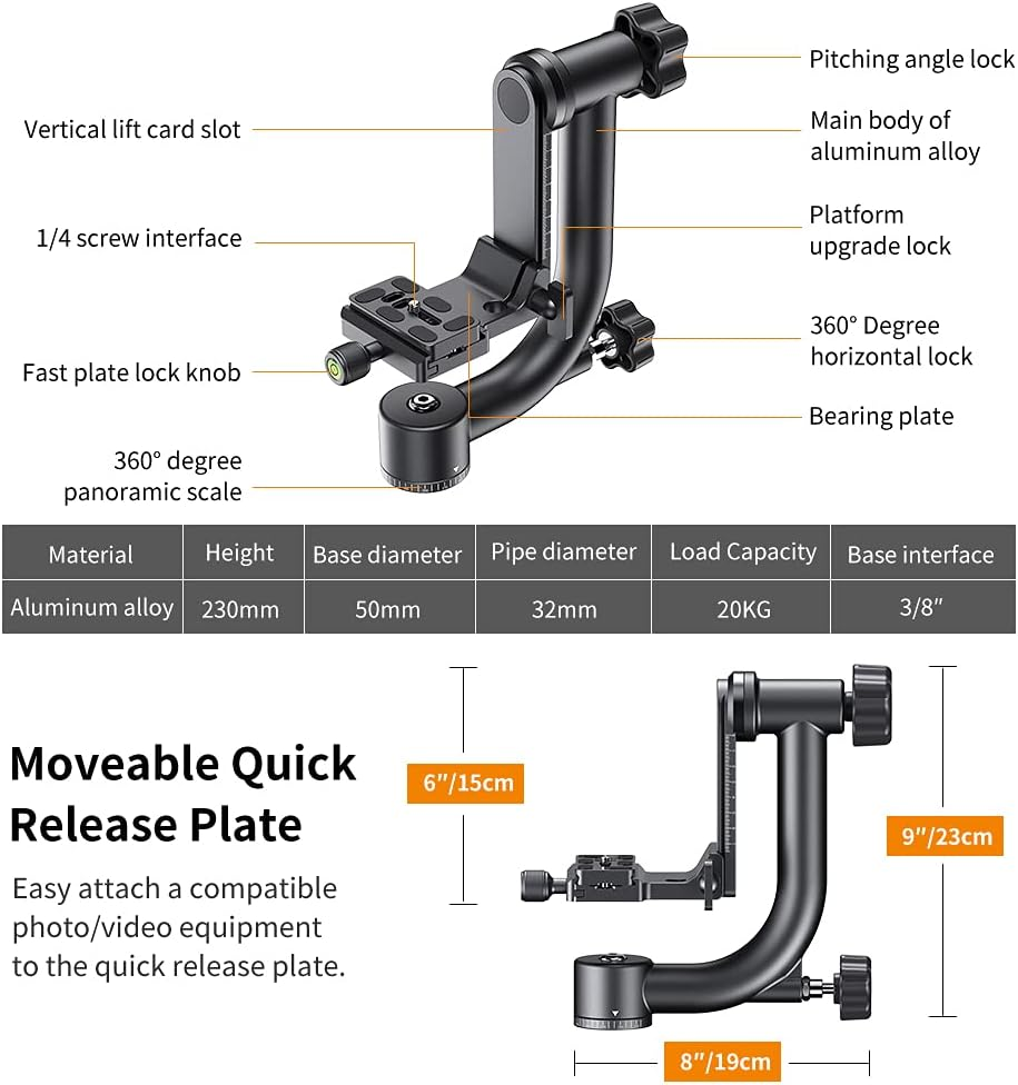K&F CONCEPT Aluminum Alloy 360 Degree Panoramic Gimbal Tripod Head with 1/4'' Standard Quick Release Plate and Bubble Level,Load Capacity up to 20Kg/44Lbs image number 1