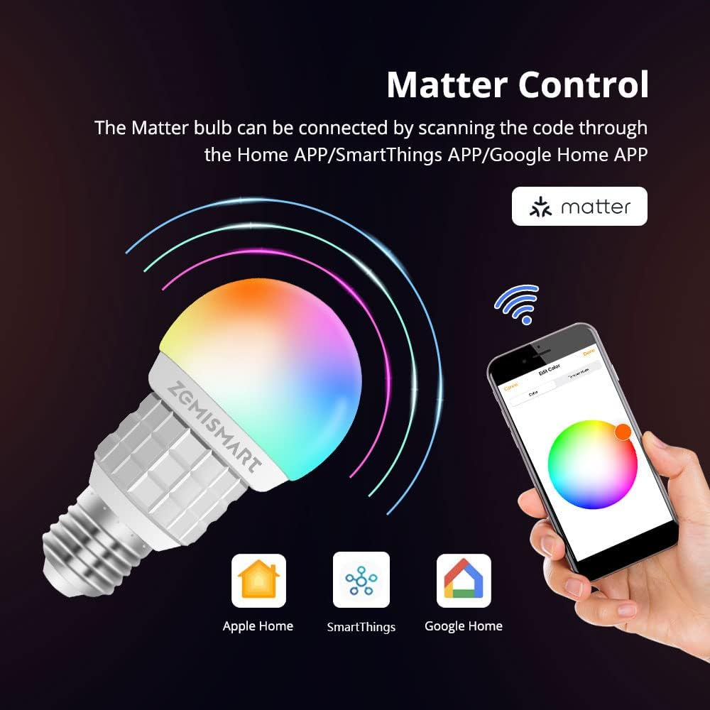 Smart Light Bulbs E27 7W RGBCW Wifi Light Bulb, Matter-Certified, Dimmable Led Light, 2.4Ghz Only, Compatible with Alexa Google Home Homekit (1)