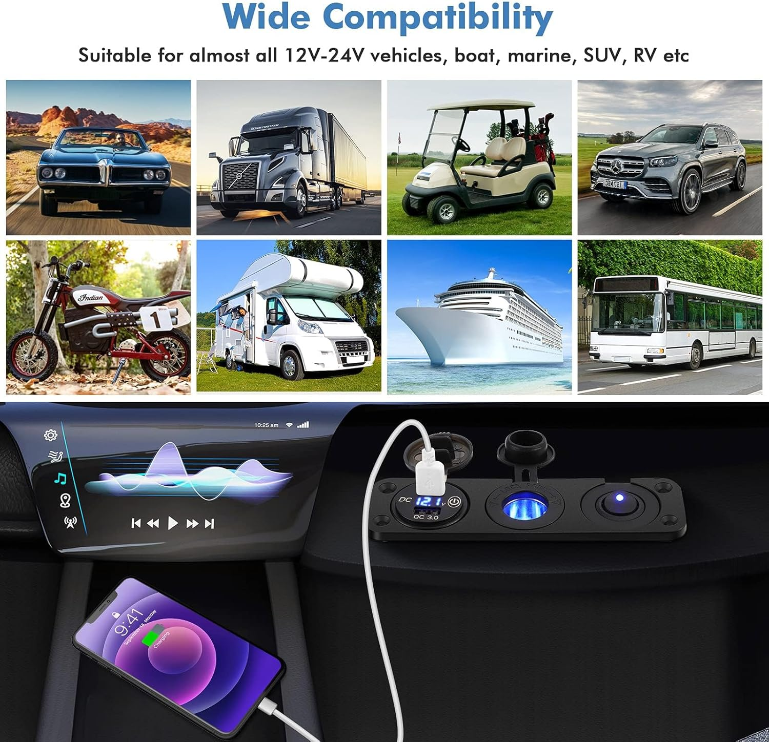 BLAZDEVE 3 in 1 USB Socket Panel, Dual QC 3.0 Car USB Charger, Cigarette Lighter Socket with LED Digital Voltmeter and ON/OFF Toggle Switch for 12V/24V Vehicles, Boat, Truck, Caravan image number 6