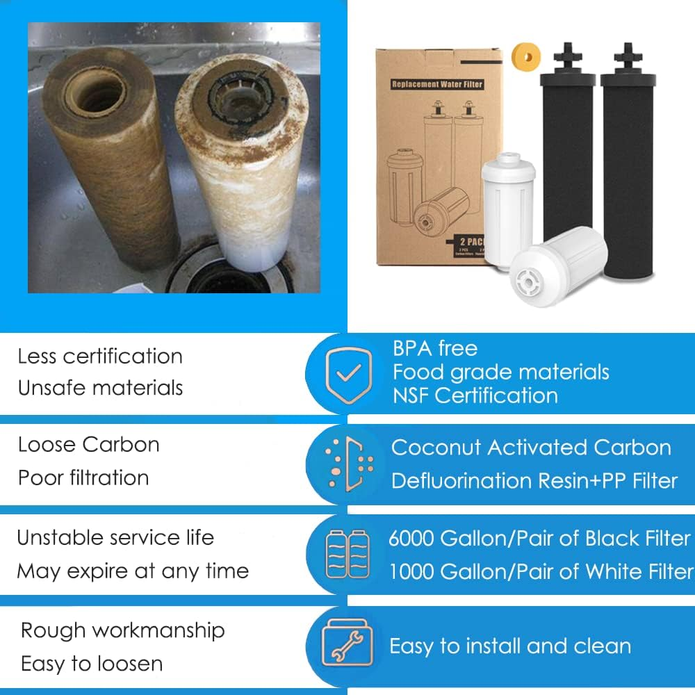 Water Filter Replacement for Berkey Water Filter, 2 Activated Carbon Filters and 2 Fluoride Filters Compatible with Purifiers Berkey Gravity Water Filter System