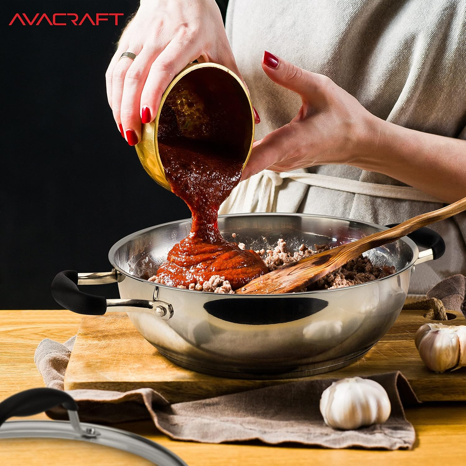 AVACRAFT 18/10 Stainless Steel Everyday Pan, Stir Fry Pan with Five-Ply Base, Chef&rsquo;S Pan with Glass Lid, Multipurpose Stewpot Skillet, Saute Pan, Casserole in Pots and Pans (9 Inch) image number 1