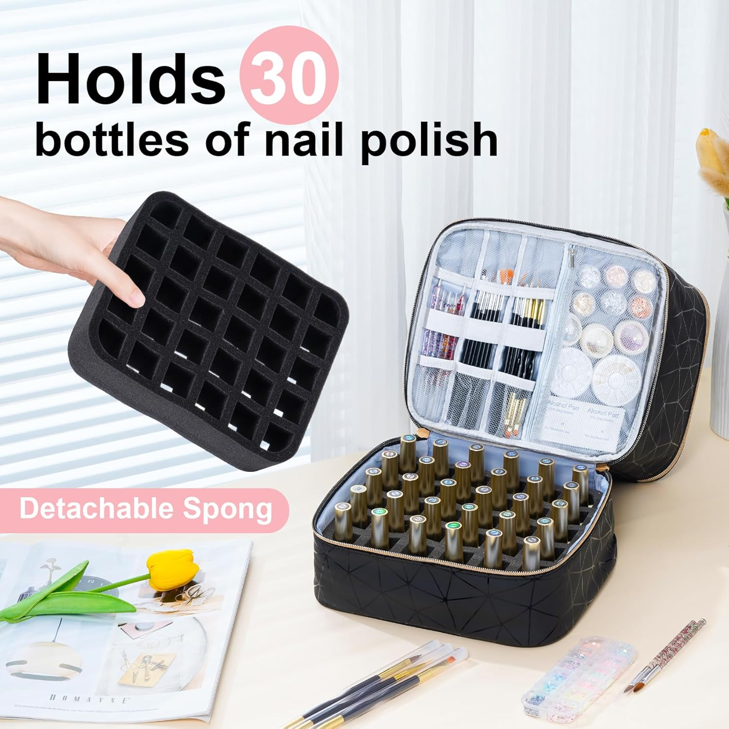 Uross Nail Polish Organizer Bag Holds 30 Bottles Polish & Kit -Nail Polish Storage Organizer Nail Lamp Case Supplies Organizer Case for Nail Tech Big - Black