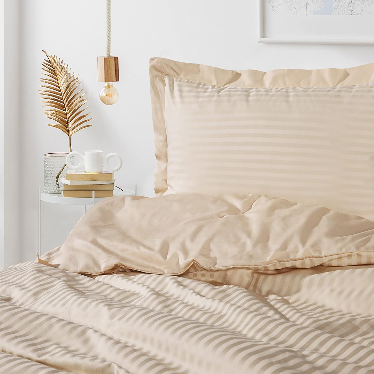 Enviohome 1000 Thread Count Cotton Ivory Satin Stripe Reversible Duvet Cover Quilt Bedding Set - Double, Ivory image number 2