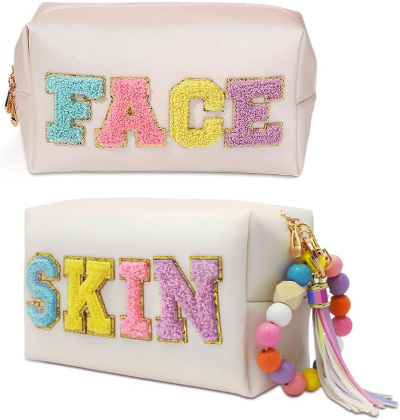 2 Preppy Patch Makeup Bag Chenille Letters Cosmetic Bag Personalized Initial Cute Face Skin Pu Leather Portable Waterproof Toiletry Bag with 1Silicone Keychain Travel Make up Bag for Women Teen Girls image number 4