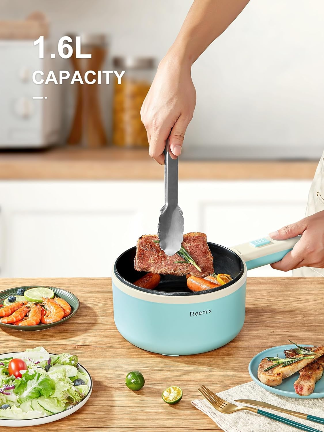 Reemix - Electric Hot Pot with Steamer, 1.6L Ramen Pot Non-Stick Steak, Egg, Fried Rice, Ramen, Oatmeal, Soup, Personal Portable Hot Pot, Great for Bedroom And image number 1