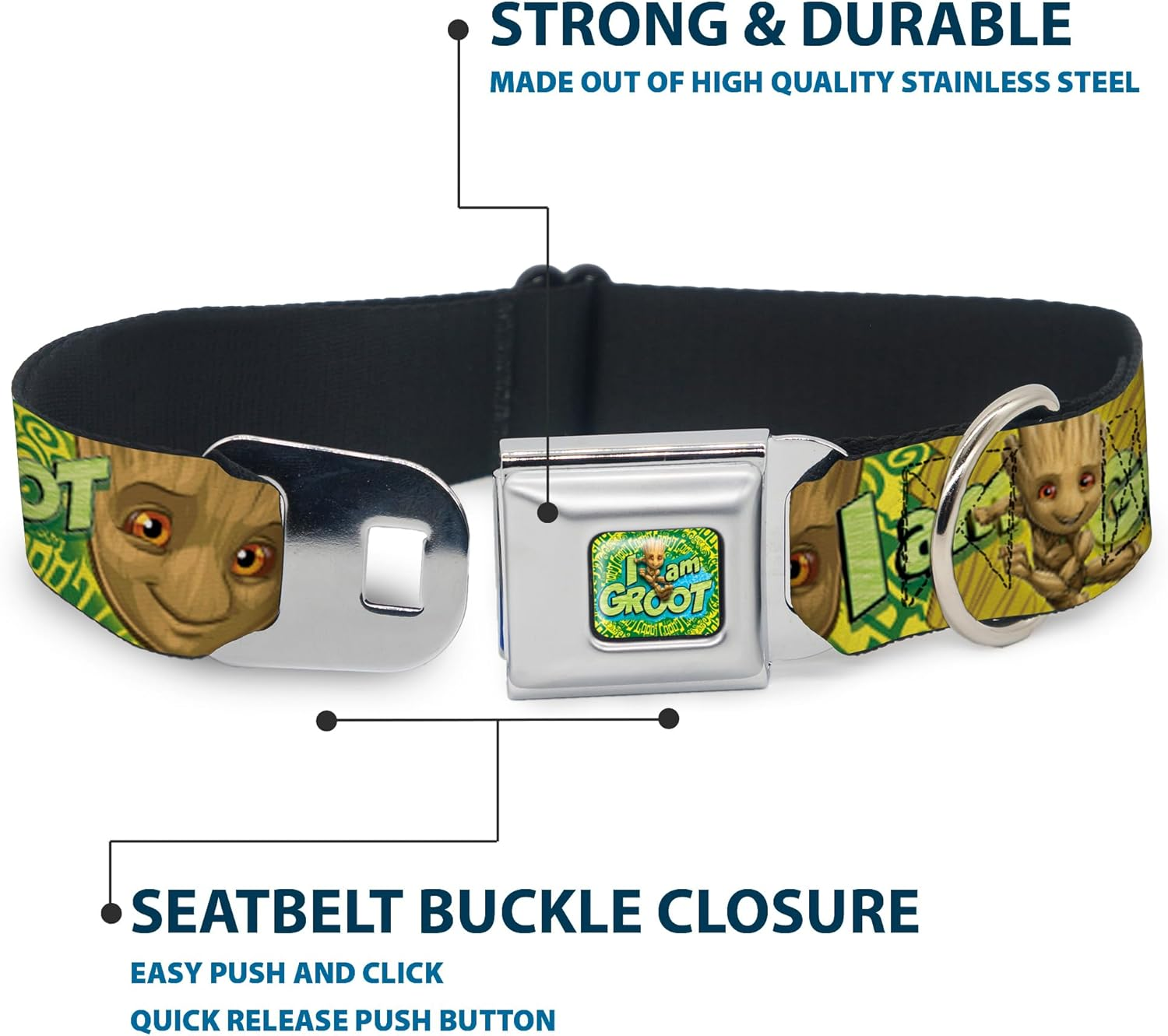 Dog Collar Seatbelt Buckle Baby Groot Pose Face I Am Groot Browns Greens Yellows 16 to 23 Inches 1.5 Inch Wide image number 6