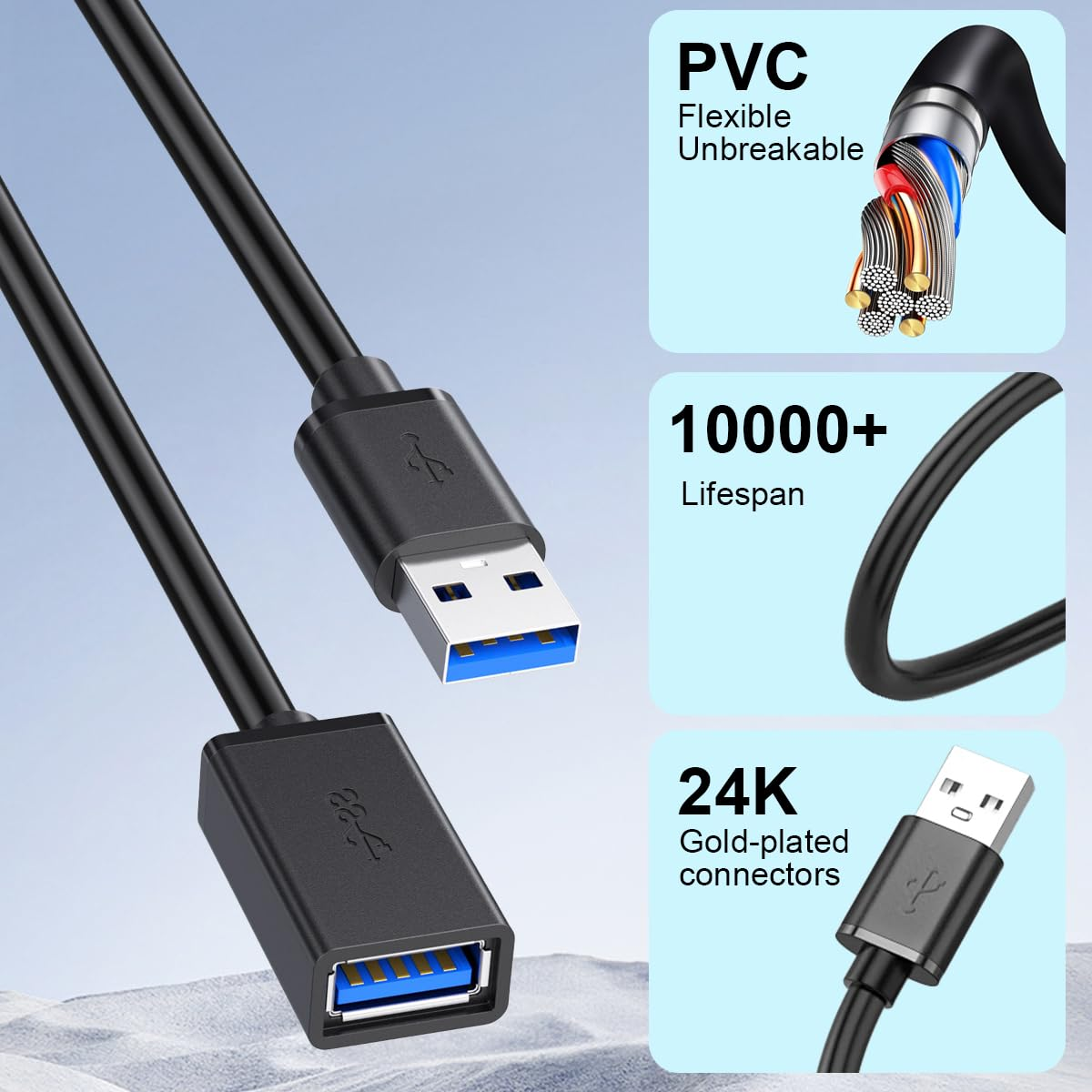 [2 Pack] T Tersely 2M USB Extension Cable Type a 3.0 Extender Cord, Male to Female High Speed Data Transfer Lead Compatible with USB Flash Drive, Keyboard, Wifi Adapter, PS5/4, Xbox, VR, Controller image number 6