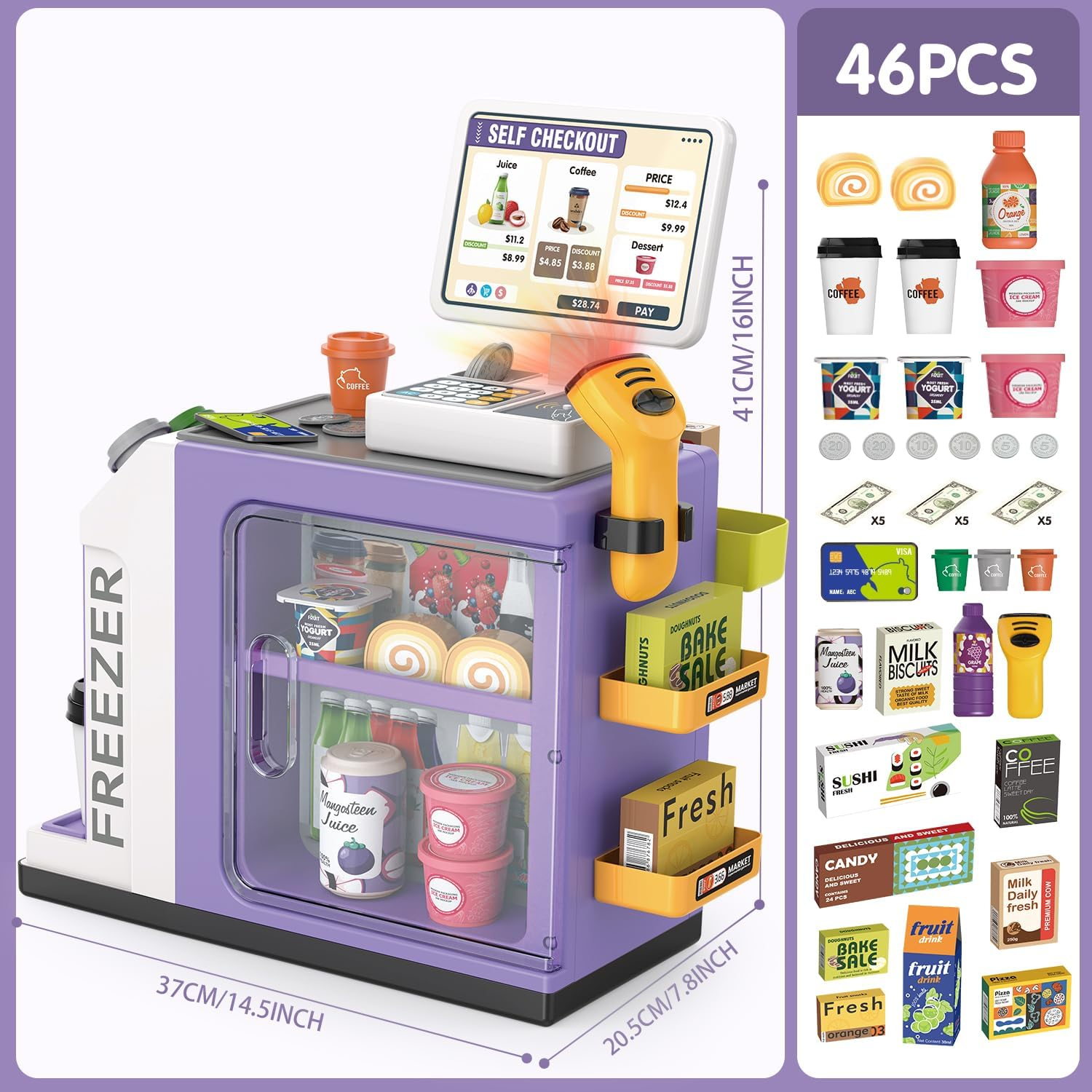 46PCS Cash Register Playset for Kids Pretend Play Mini Supermarket (Pink) image number 3